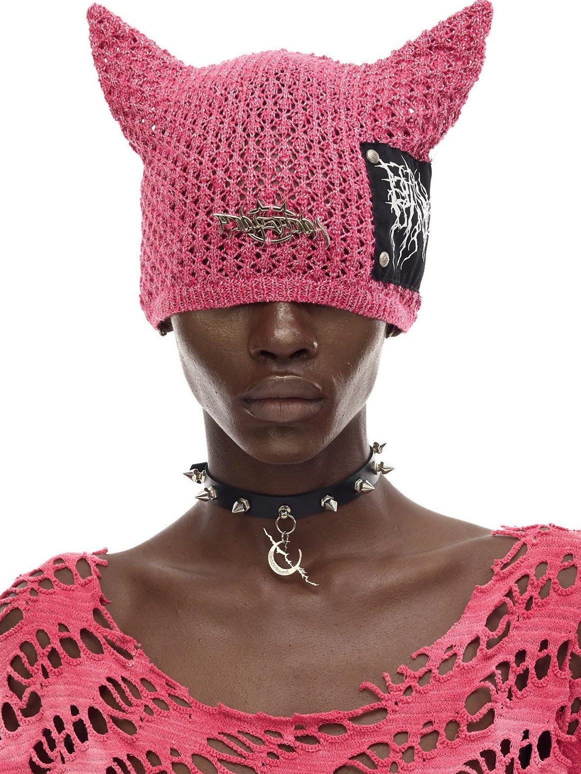 PINKSPINK Cat Ear Eyelet Lettering Knitted Mini Devil Women's Yarn Knit Beanies