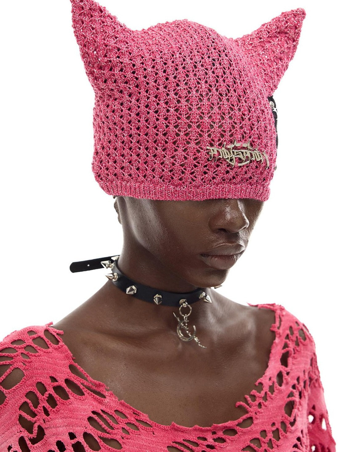PINKSPINK Cat Ear Eyelet Lettering Knitted Mini Devil Women's Yarn Knit Beanies
