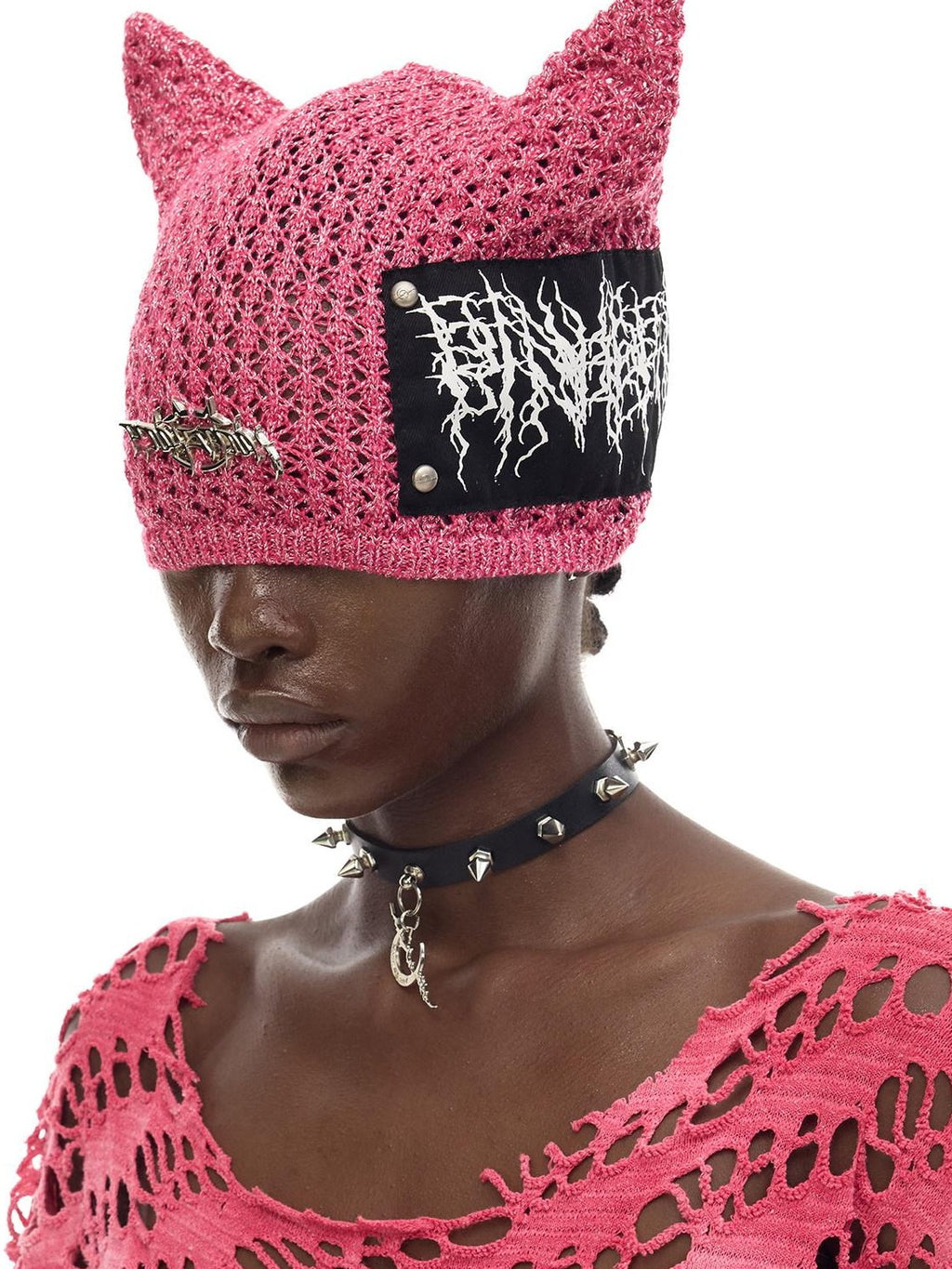 PINKSPINK Cat Ear Eyelet Lettering Knitted Mini Devil Women's Yarn Knit Beanies