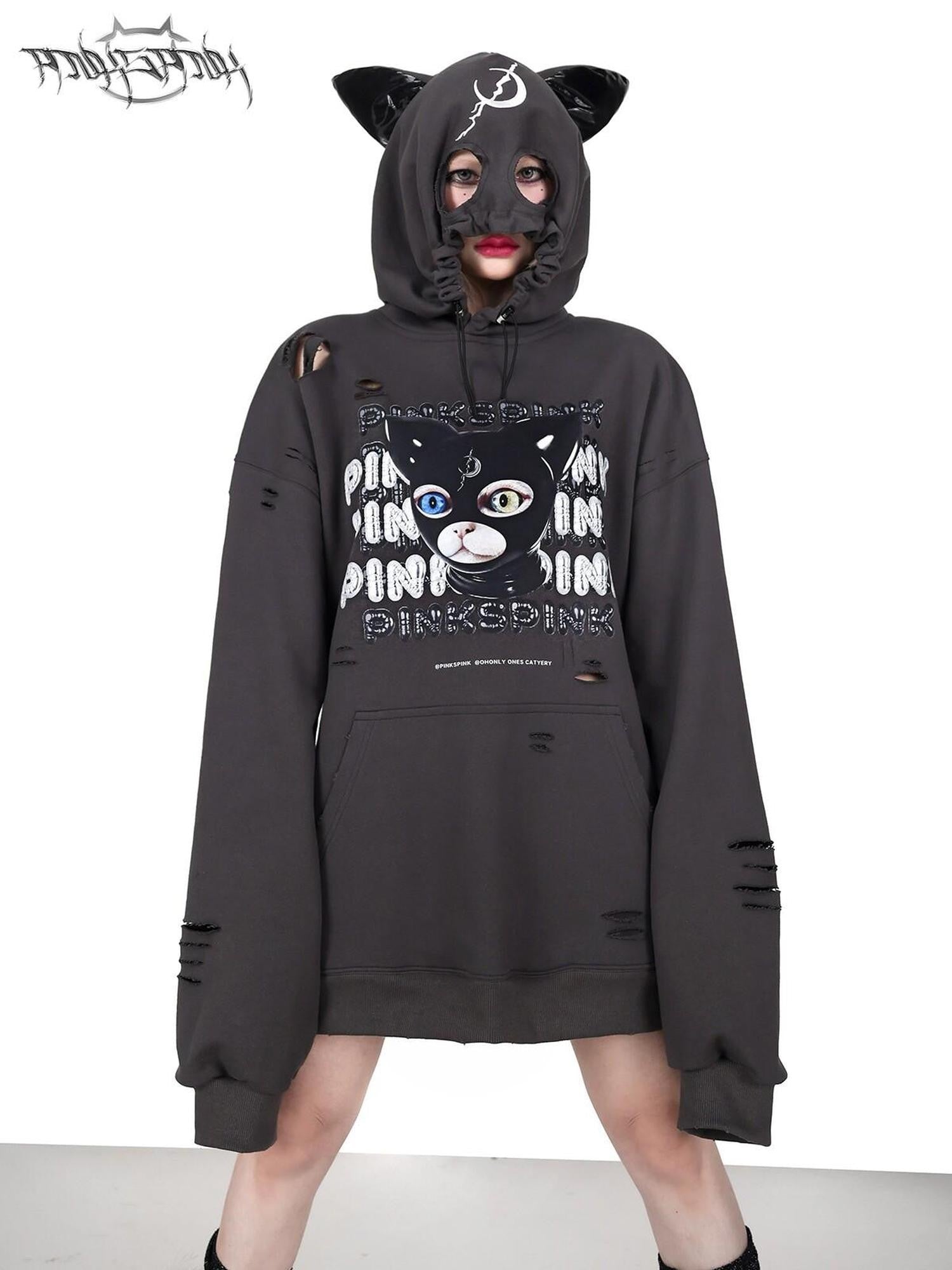PINKSPINK Cat Ear Hood German Cat Print Distressed Women's Cotton Hoodies
