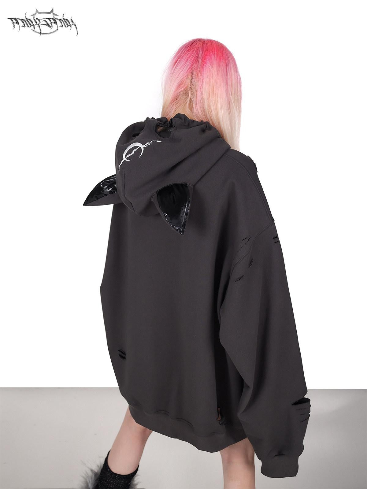 PINKSPINK Cat Ear Hood German Cat Print Distressed Women's Cotton Hoodies