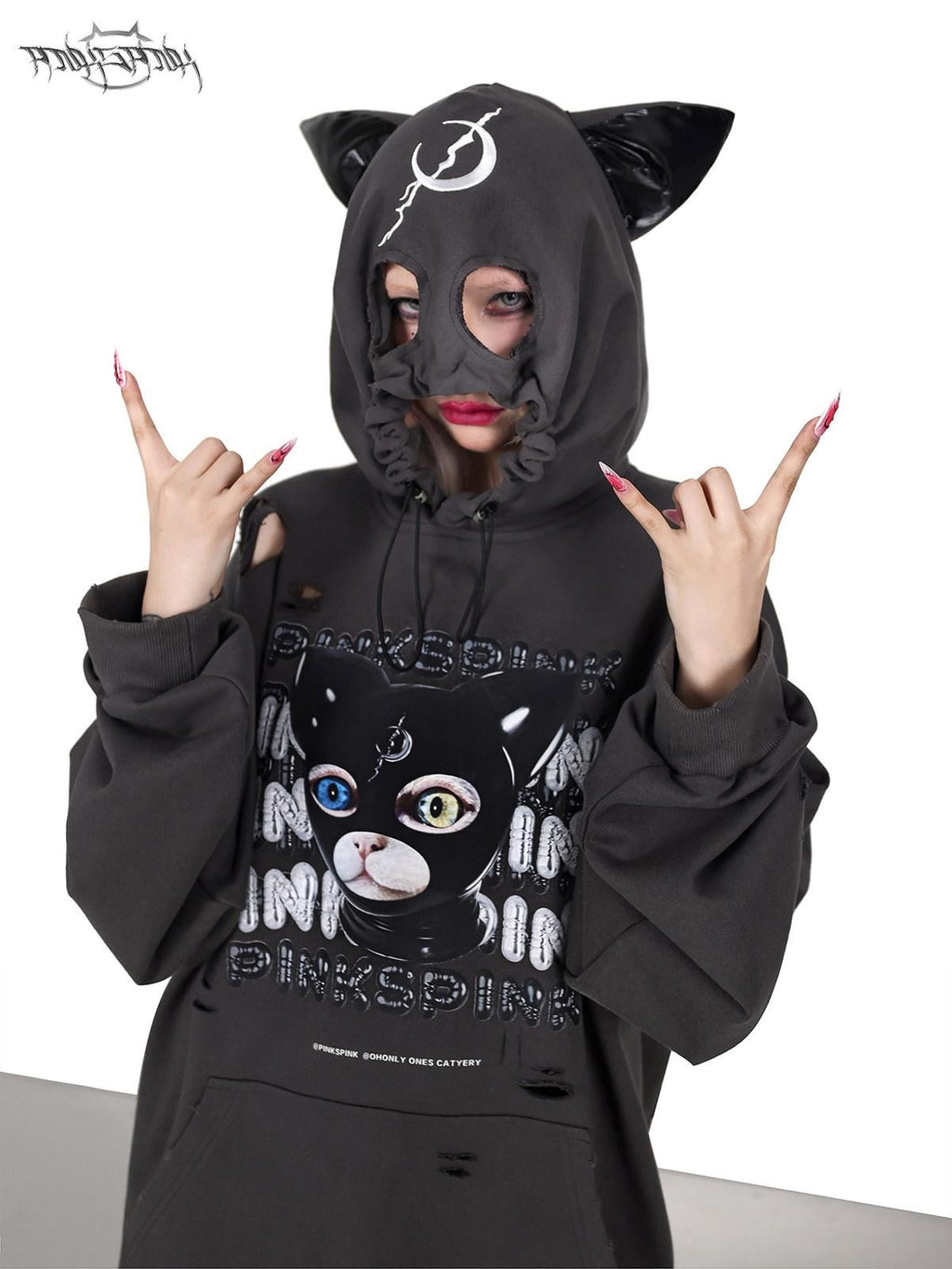 PINKSPINK Cat Ear Hood German Cat Print Distressed Women's Cotton Hoodies