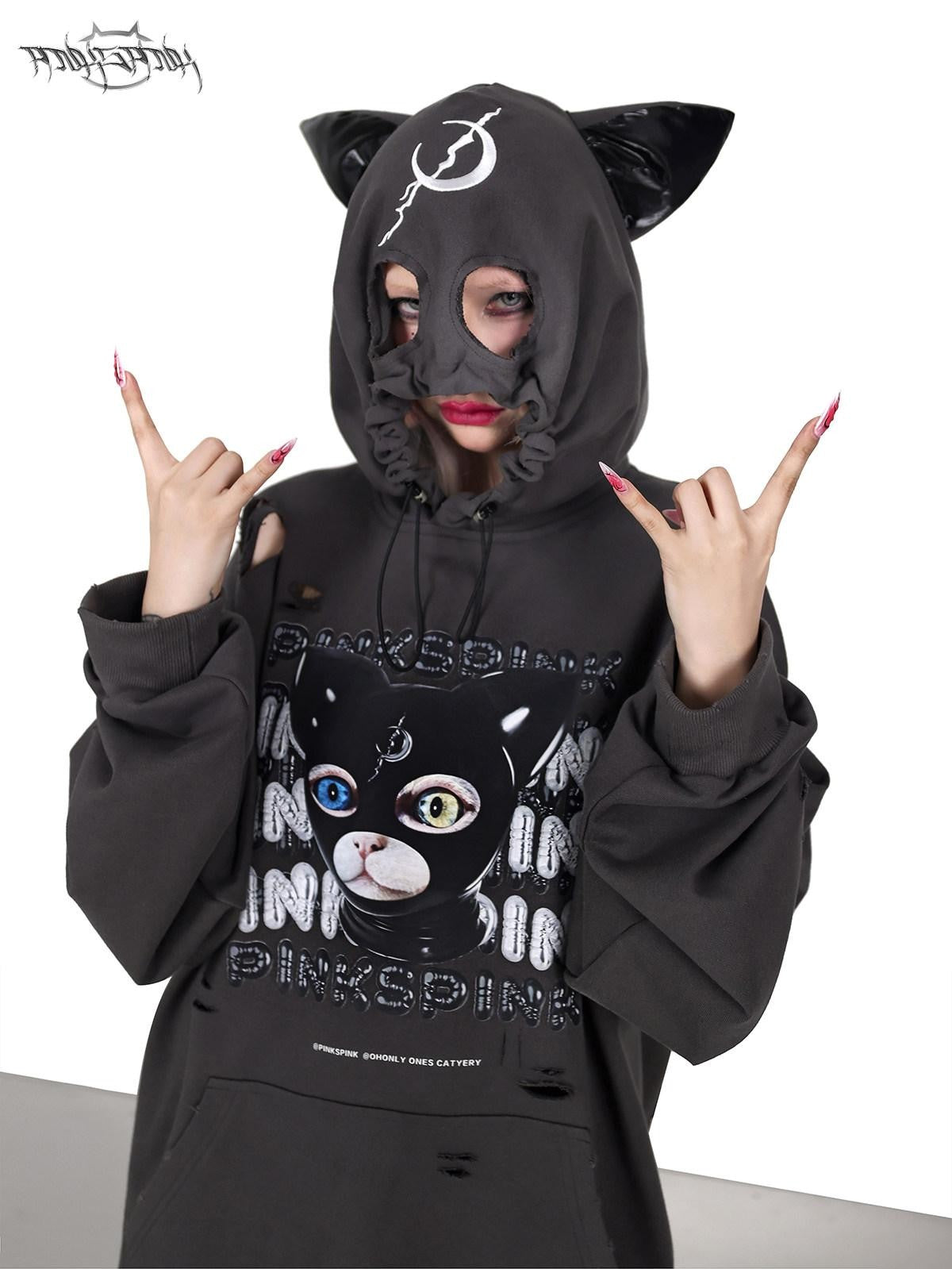 PINKSPINK Cat Ear Hood German Cat Print Distressed Women's Cotton Hoodies
