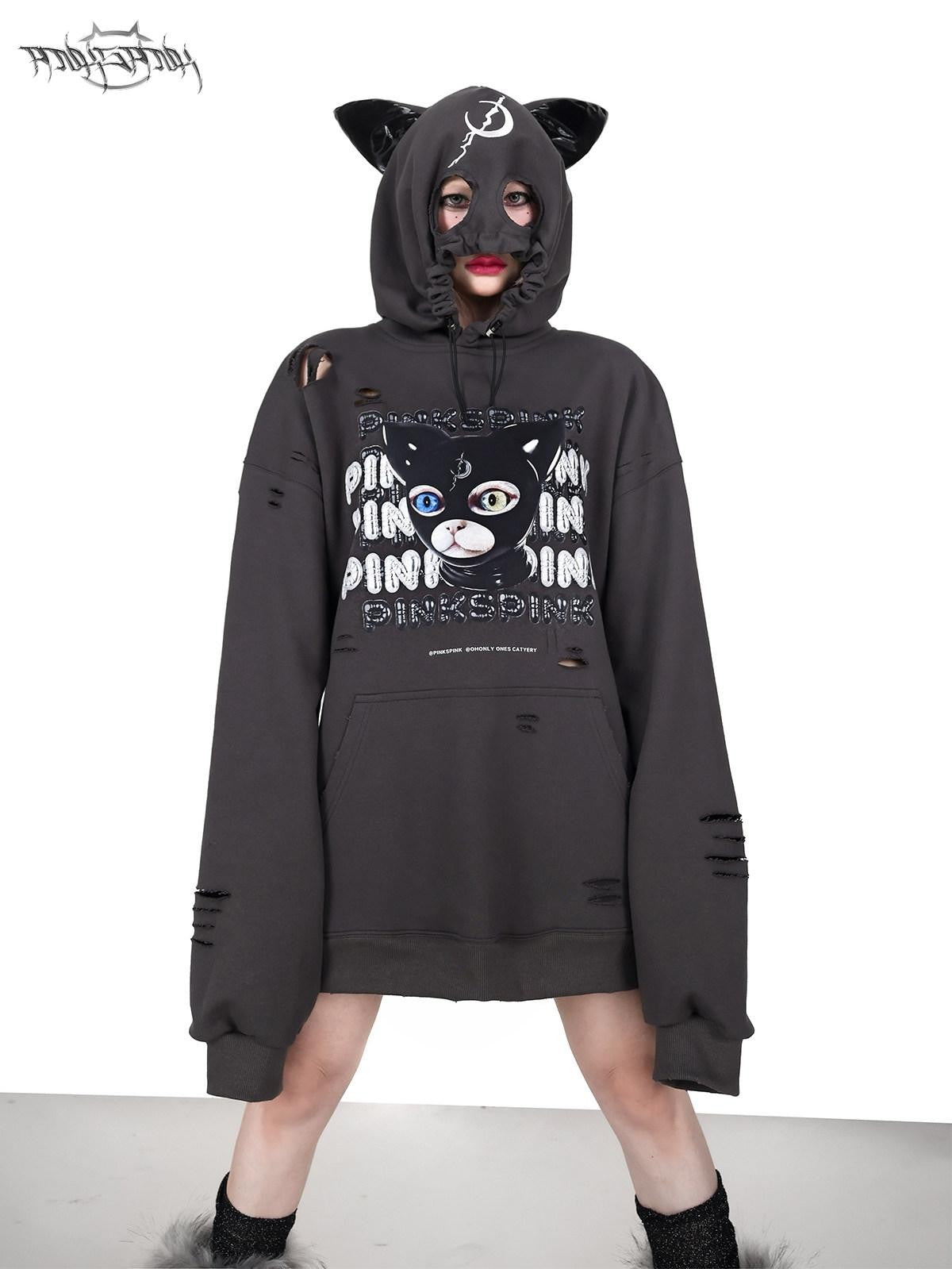 PINKSPINK Cat Ear Hood German Cat Print Distressed Women's Cotton Hoodies