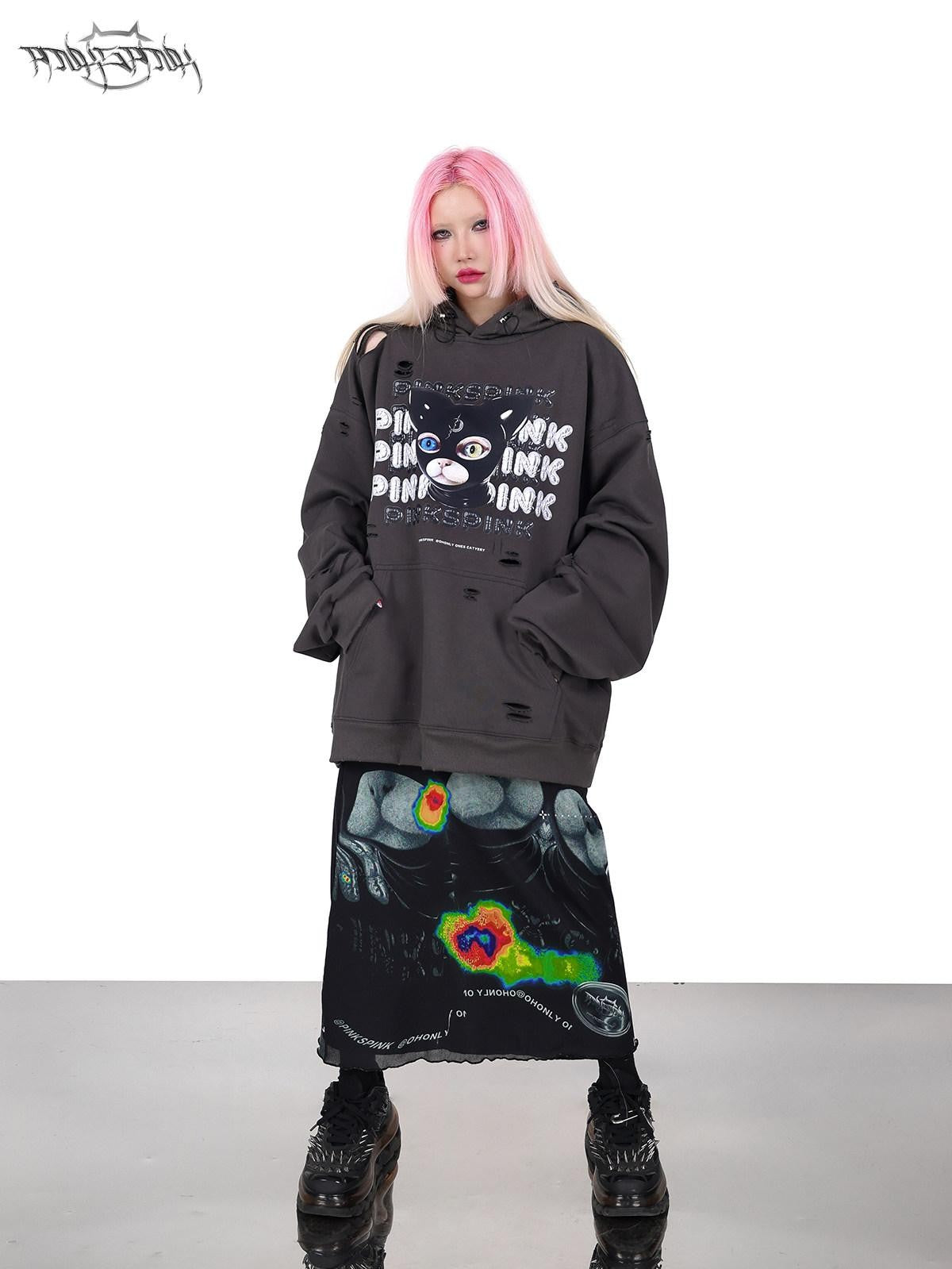 PINKSPINK Cat Ear Hood German Cat Print Distressed Women's Cotton Hoodies
