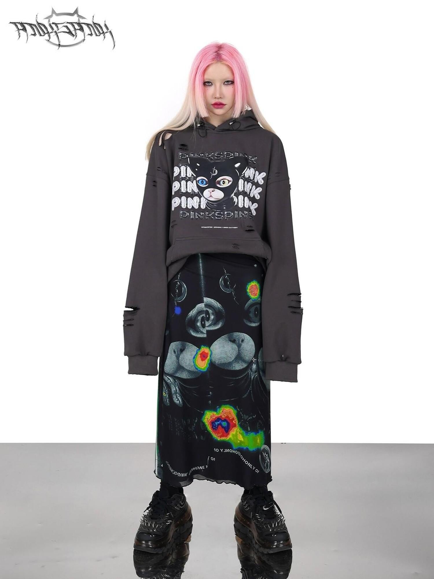 PINKSPINK Cat Ear Hood German Cat Print Distressed Women's Cotton Hoodies