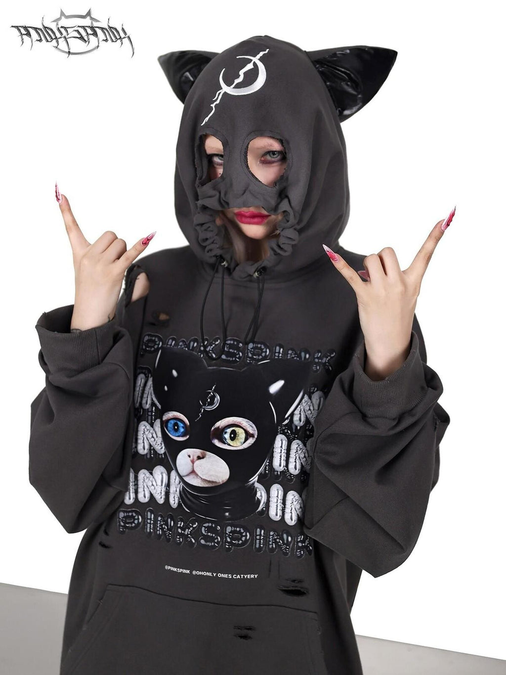 PINKSPINK Cat Ear Hood German Cat Print Distressed Women's Cotton Hoodies