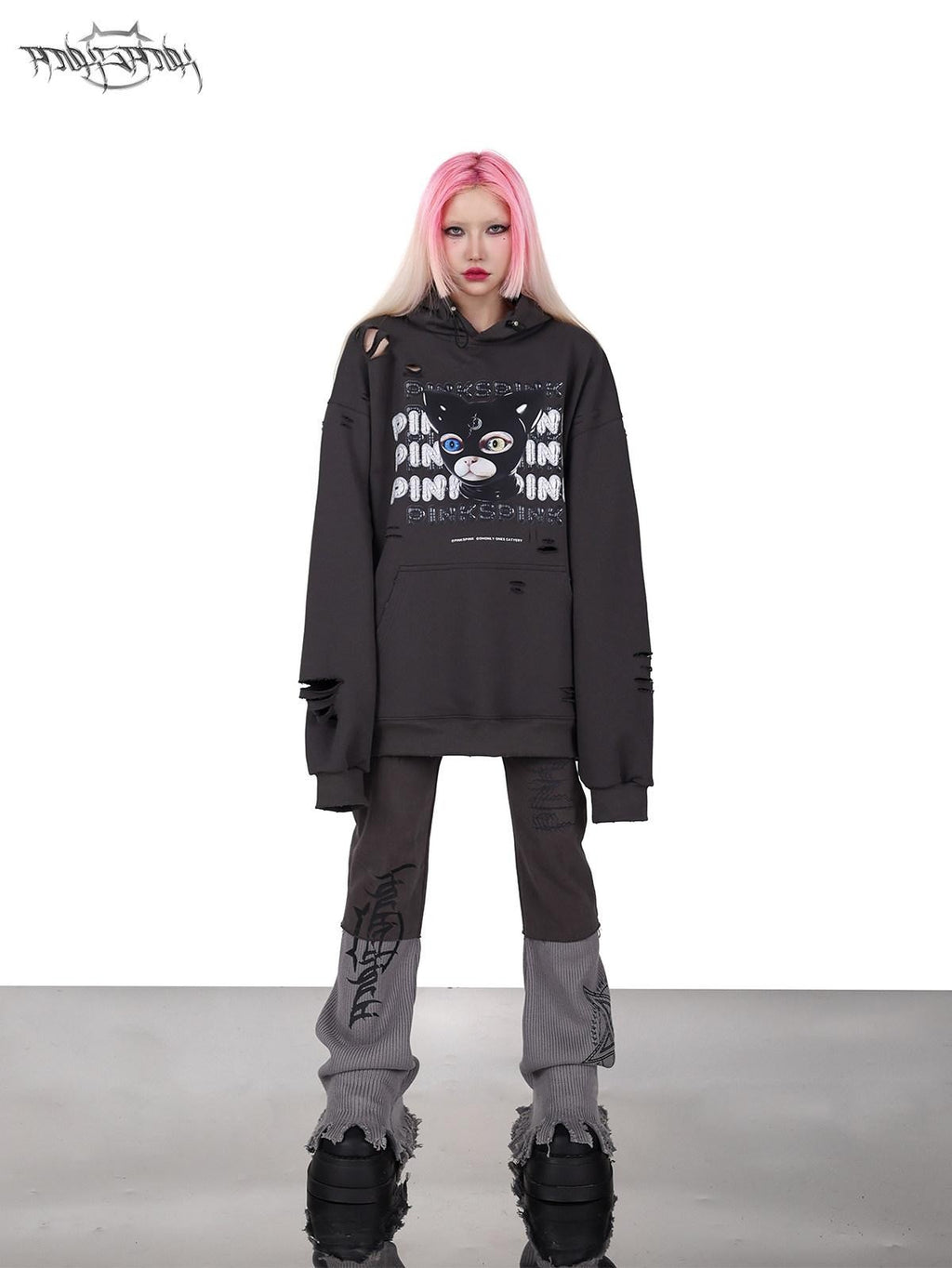 PINKSPINK Cat Ear Hood German Cat Print Distressed Women's Cotton Hoodies
