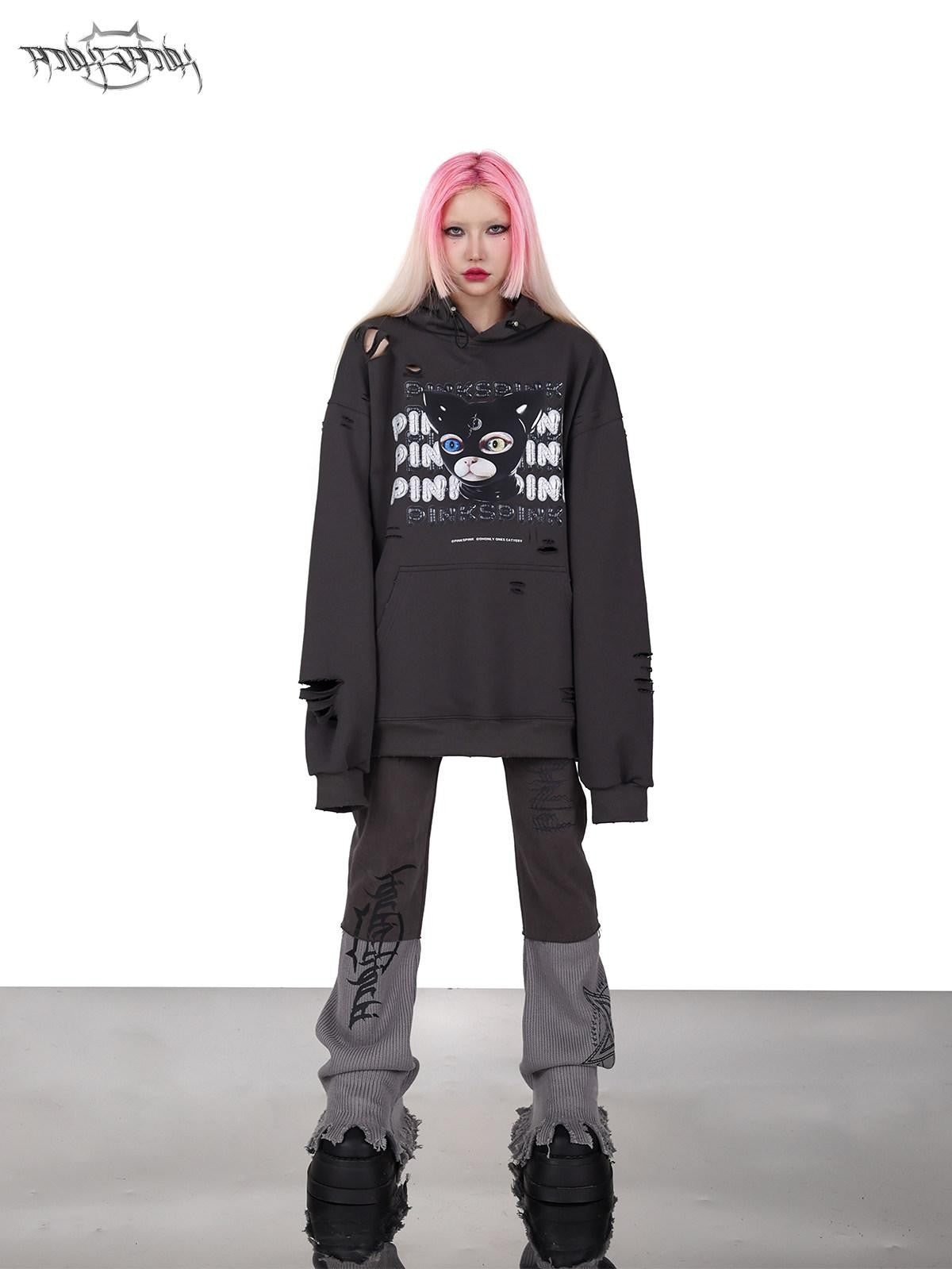 PINKSPINK Cat Ear Hood German Cat Print Distressed Women's Cotton Hoodies