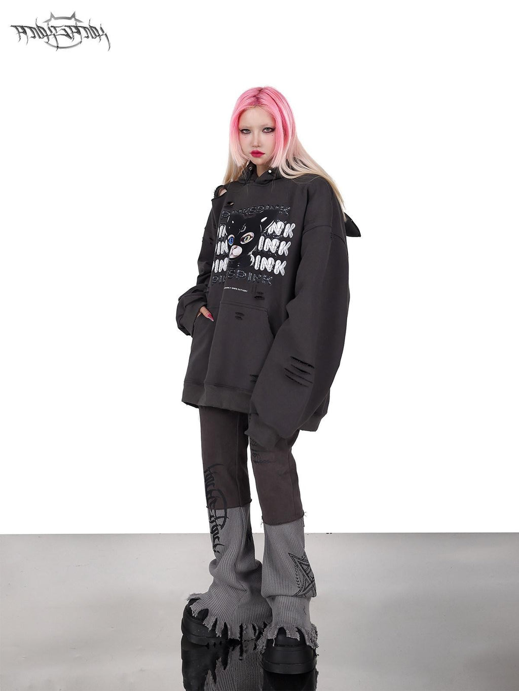 PINKSPINK Cat Ear Hood German Cat Print Distressed Women's Cotton Hoodies