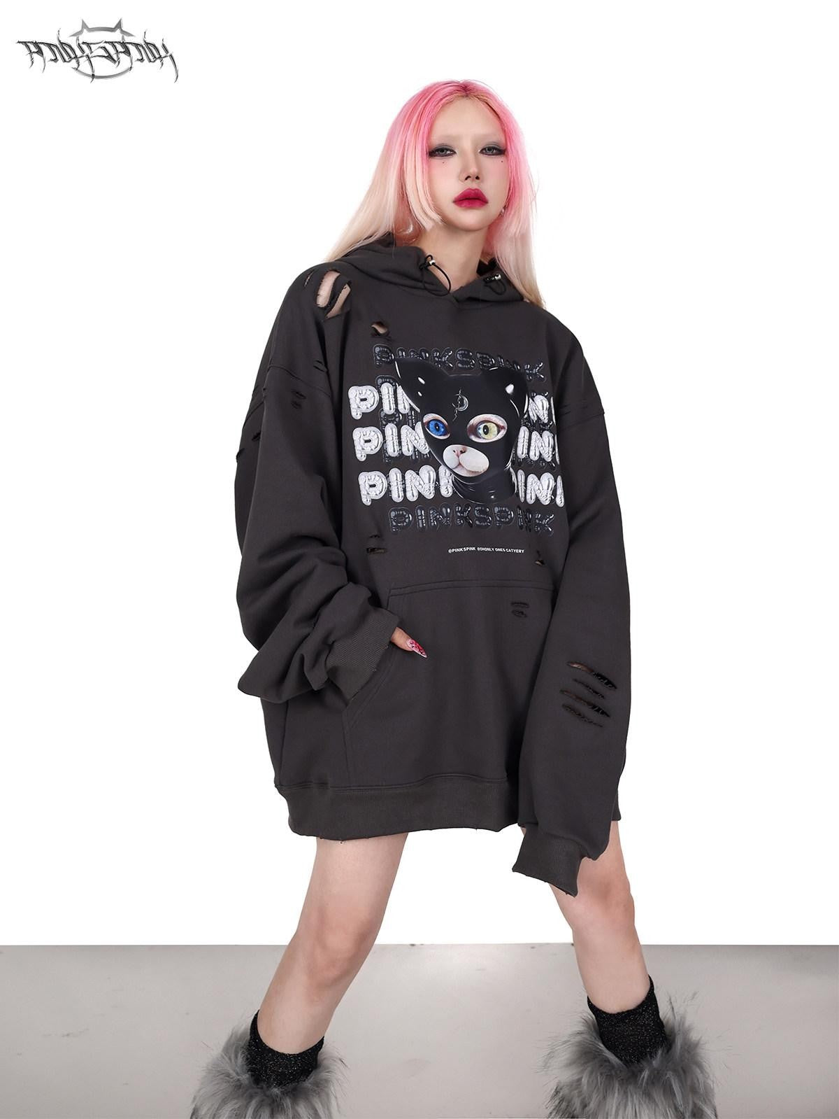 PINKSPINK Cat Ear Hood German Cat Print Distressed Women's Cotton Hoodies