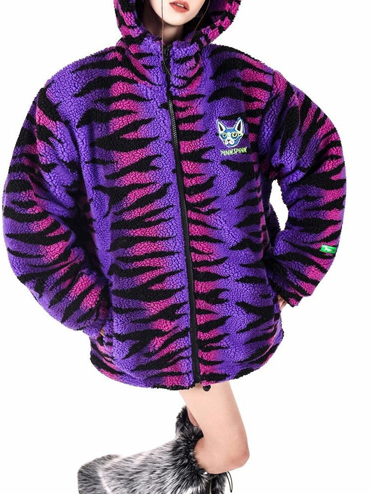 PINKSPINK Cat Ear Hood Tiger Print Loose Street Women's Cotton Filled Fleece Jackets
