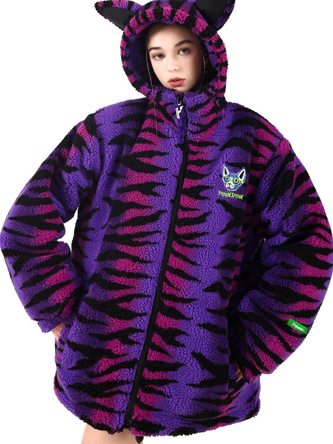 PINKSPINK Cat Ear Hood Tiger Print Loose Street Women's Cotton Filled Fleece Jackets