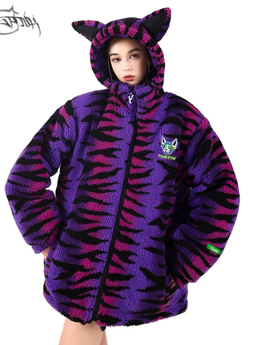 PINKSPINK Cat Ear Hood Tiger Stripe Oversized Women's Cotton Fleece Jackets