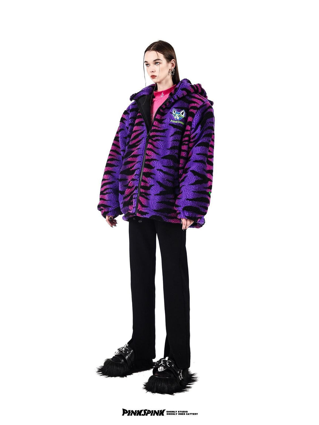 PINKSPINK Cat Ear Hood Tiger Stripe Oversized Women's Cotton Fleece Jackets