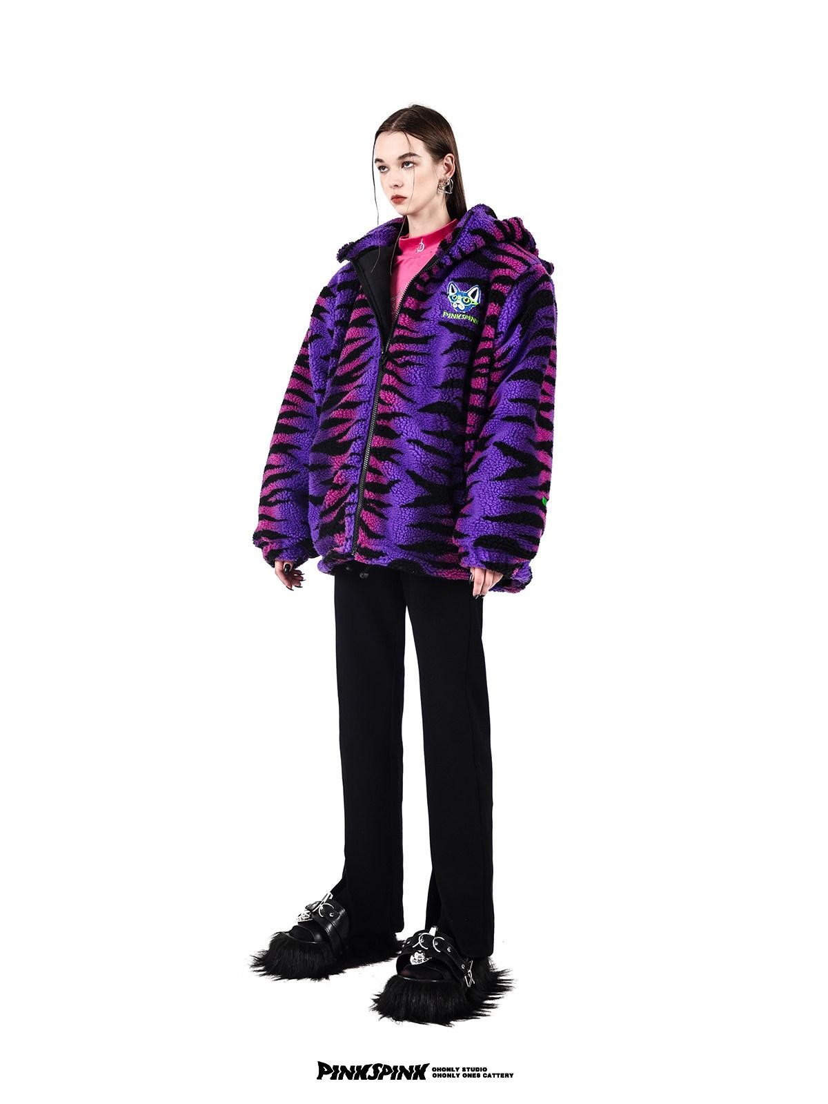 PINKSPINK Cat Ear Hood Tiger Stripe Oversized Women's Cotton Fleece Jackets