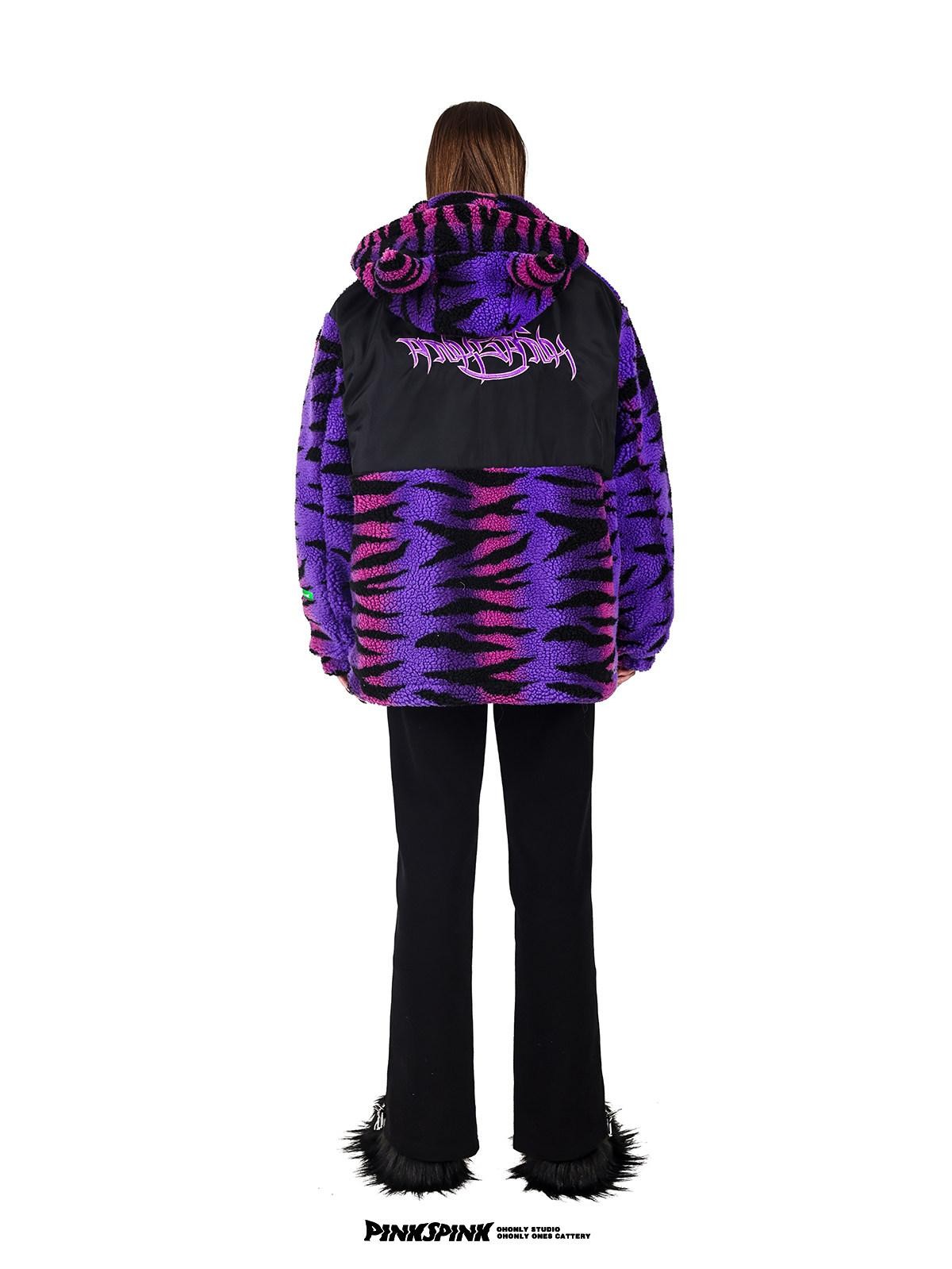PINKSPINK Cat Ear Hood Tiger Stripe Oversized Women's Cotton Fleece Jackets