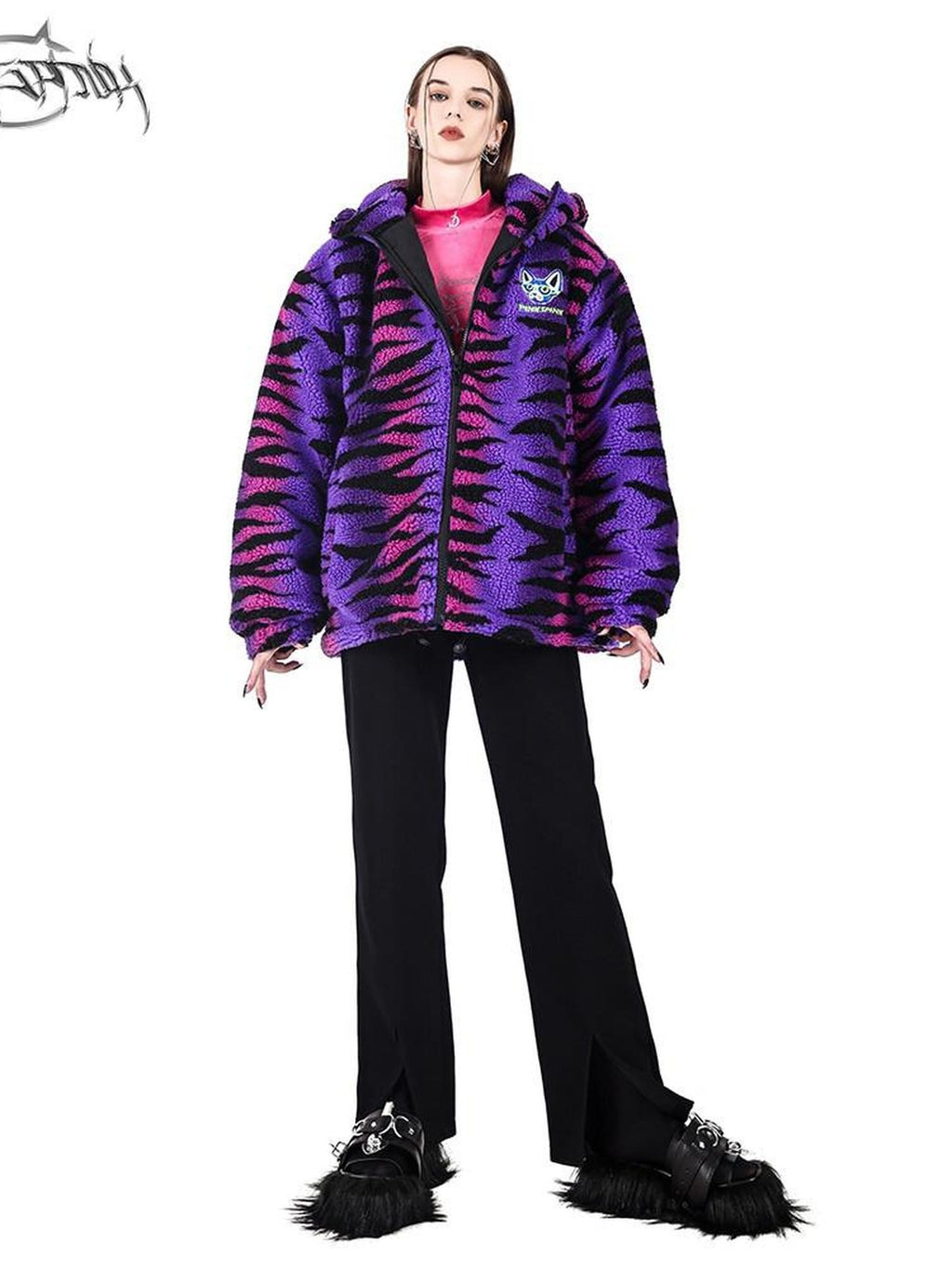 PINKSPINK Cat Ear Hood Tiger Stripe Oversized Women's Cotton Fleece Jackets