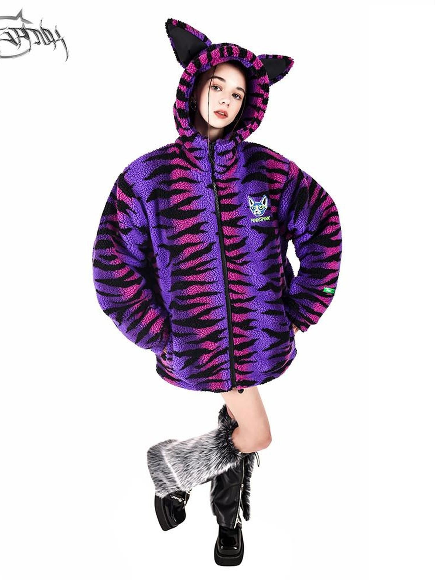 PINKSPINK Cat Ear Hood Tiger Stripe Oversized Women's Cotton Fleece Jackets