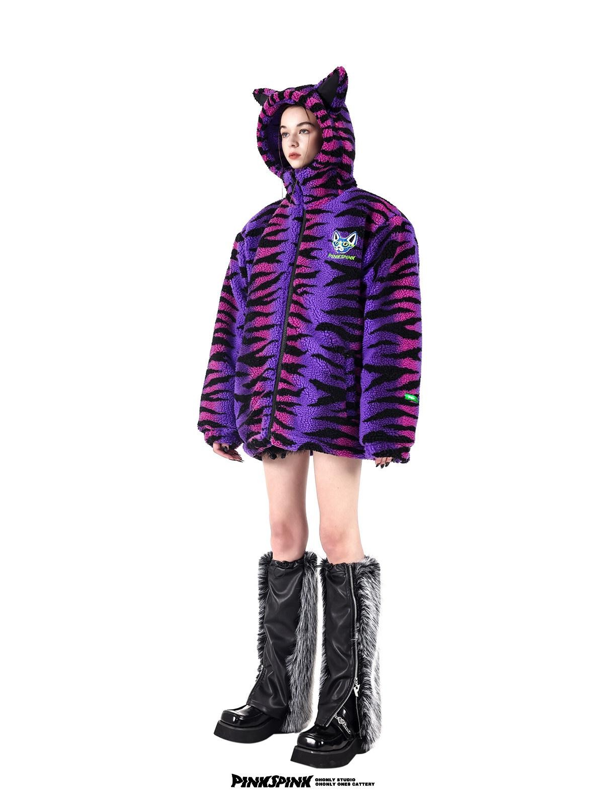PINKSPINK Cat Ear Hood Tiger Stripe Oversized Women's Cotton Fleece Jackets