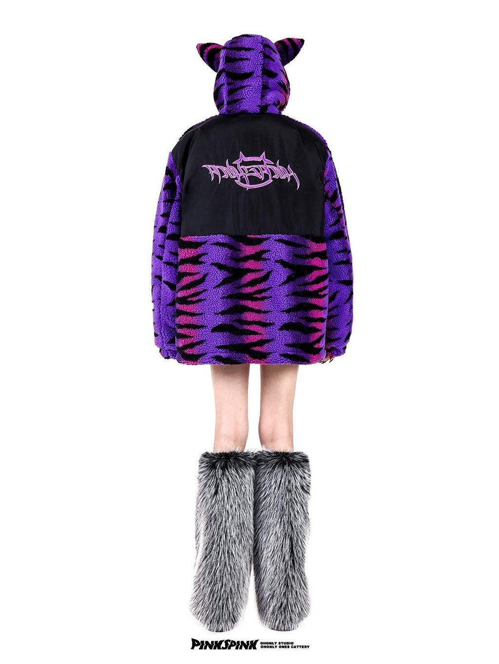 PINKSPINK Cat Ear Hood Tiger Stripe Oversized Women's Cotton Fleece Jackets