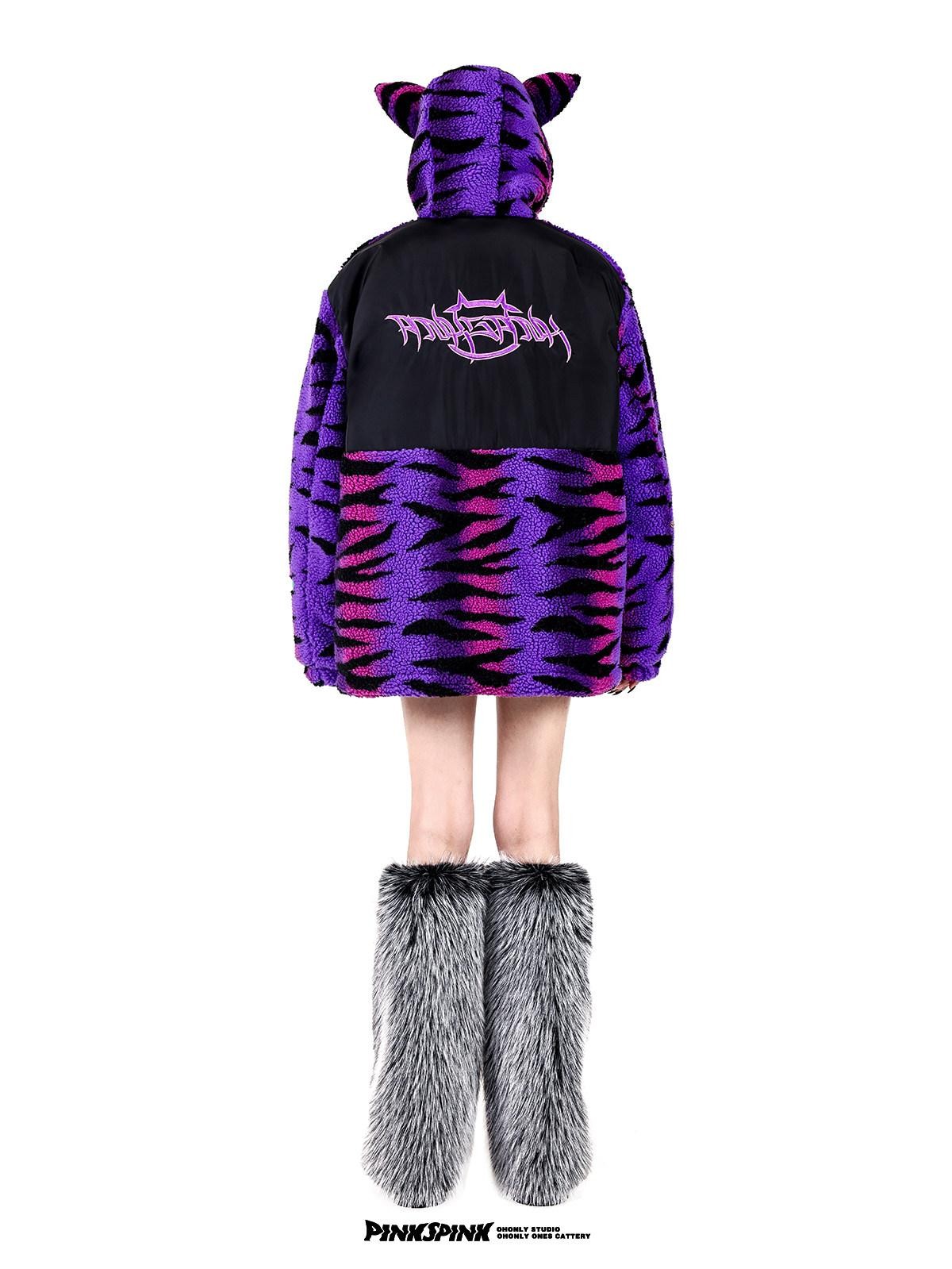 PINKSPINK Cat Ear Hood Tiger Stripe Oversized Women's Cotton Fleece Jackets