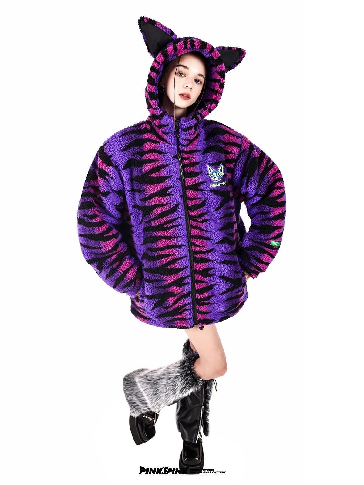 PINKSPINK Cat Ear Hood Tiger Stripe Oversized Women's Cotton Fleece Jackets