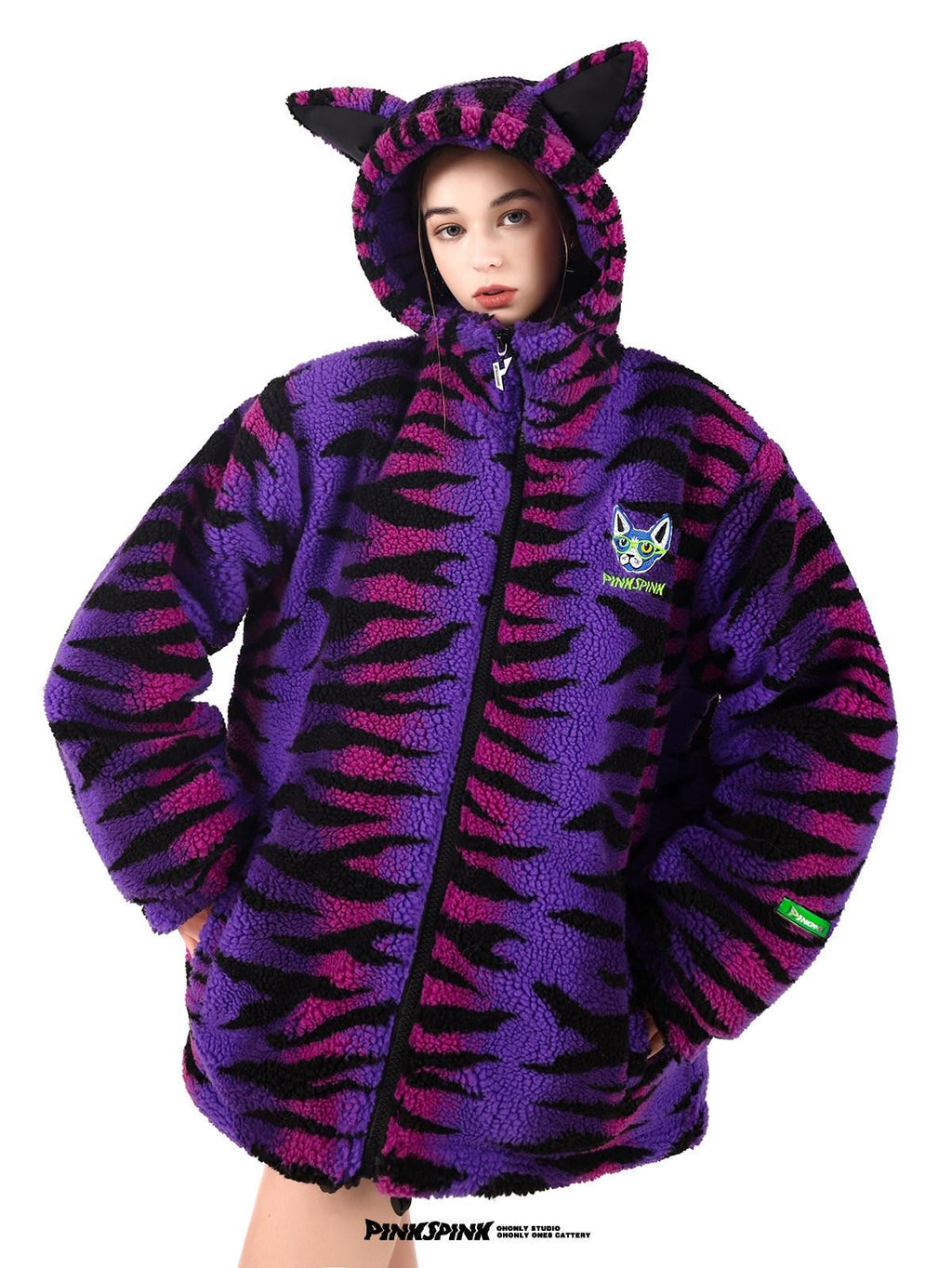 PINKSPINK Cat Ear Hood Tiger Stripe Oversized Women's Cotton Fleece Jackets