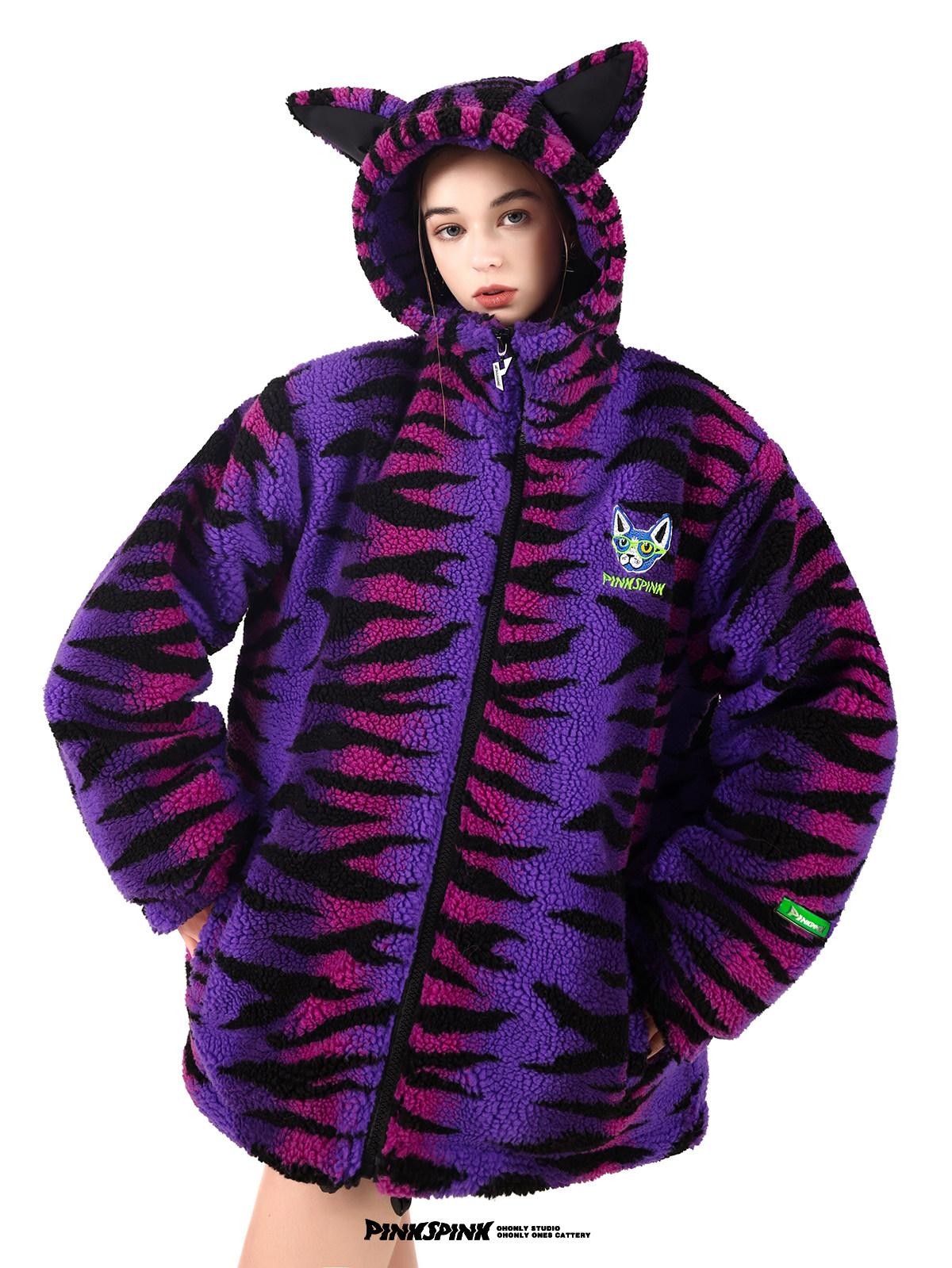 PINKSPINK Cat Ear Hood Tiger Stripe Oversized Women's Cotton Fleece Jackets