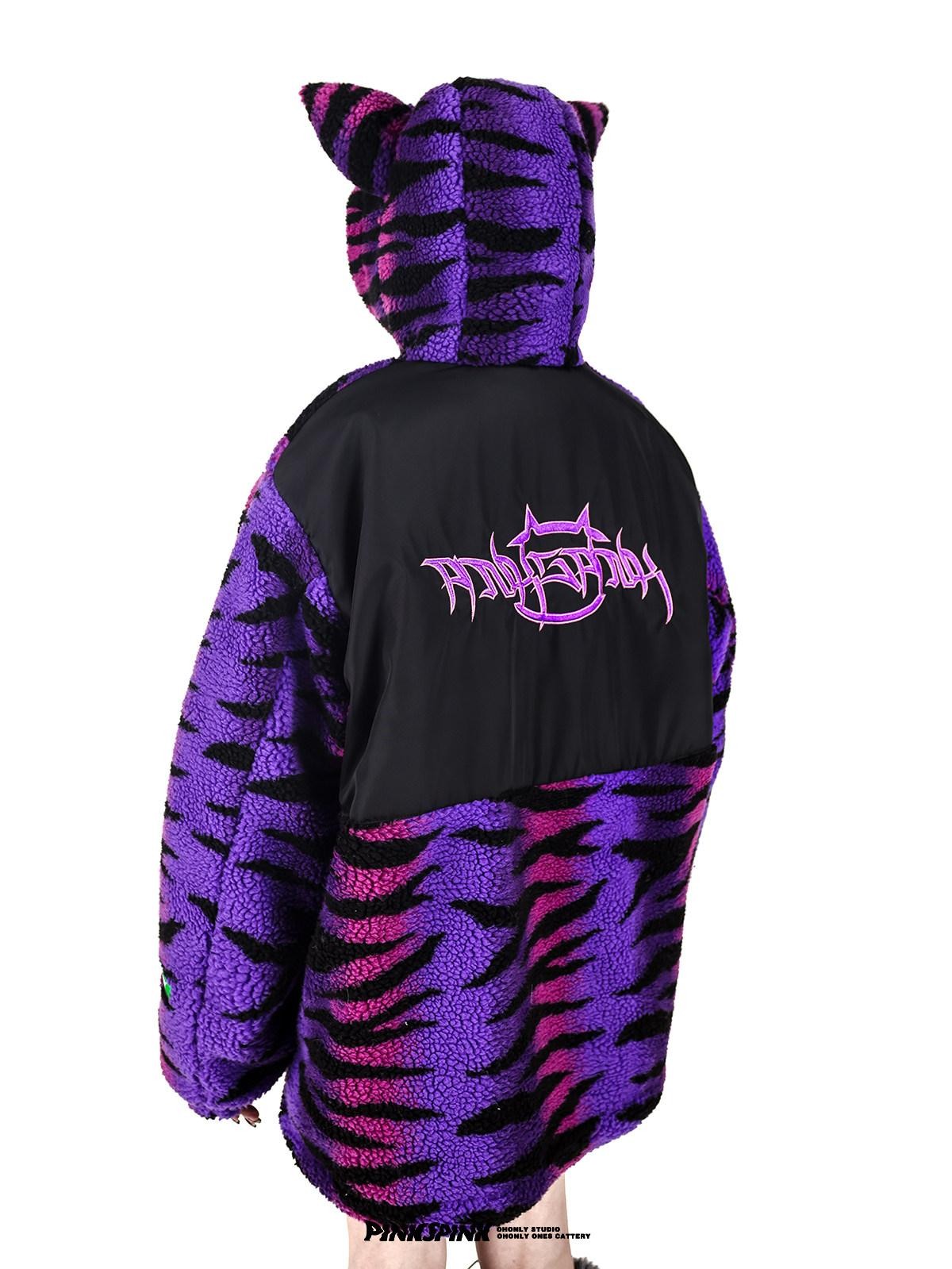 PINKSPINK Cat Ear Hood Tiger Stripe Oversized Women's Cotton Fleece Jackets