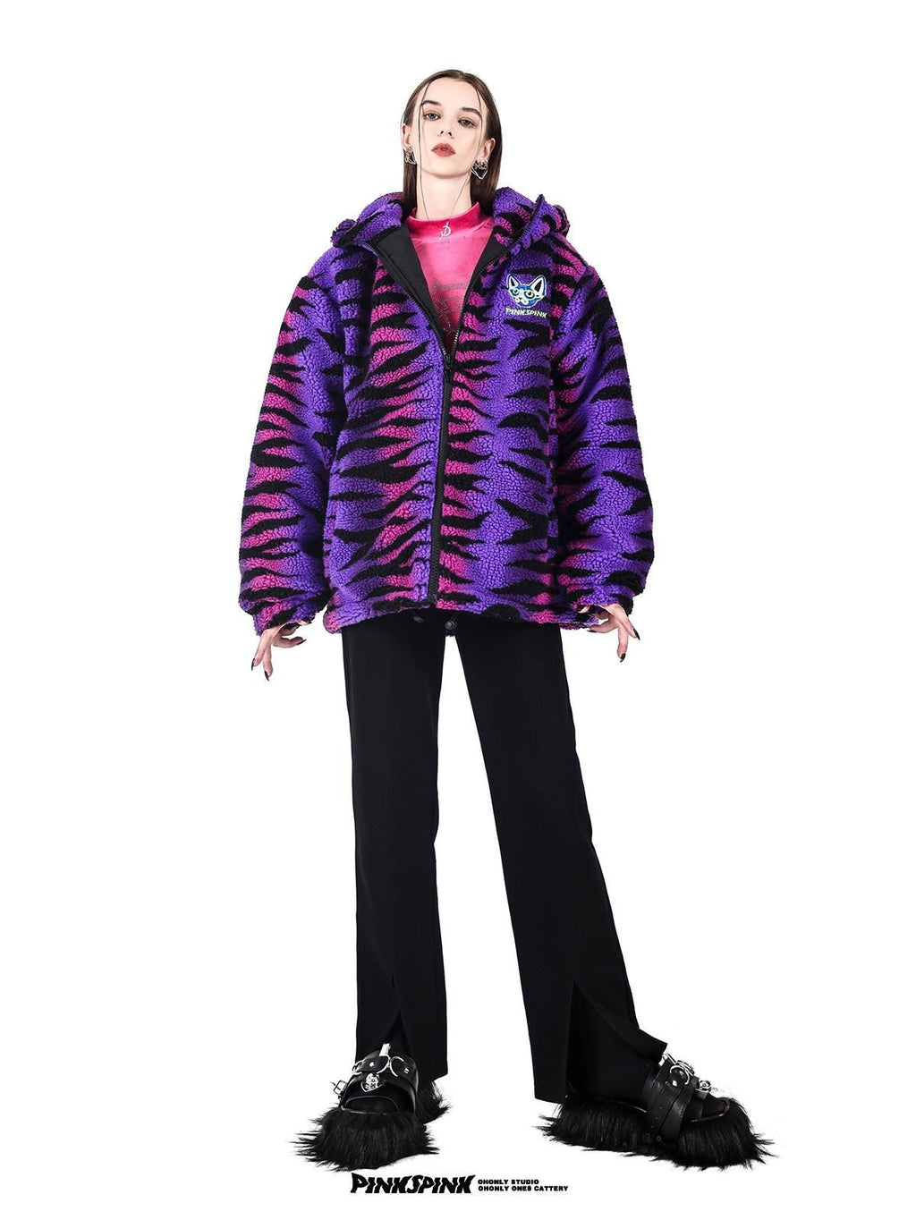 PINKSPINK Cat Ear Hood Tiger Stripe Oversized Women's Cotton Fleece Jackets
