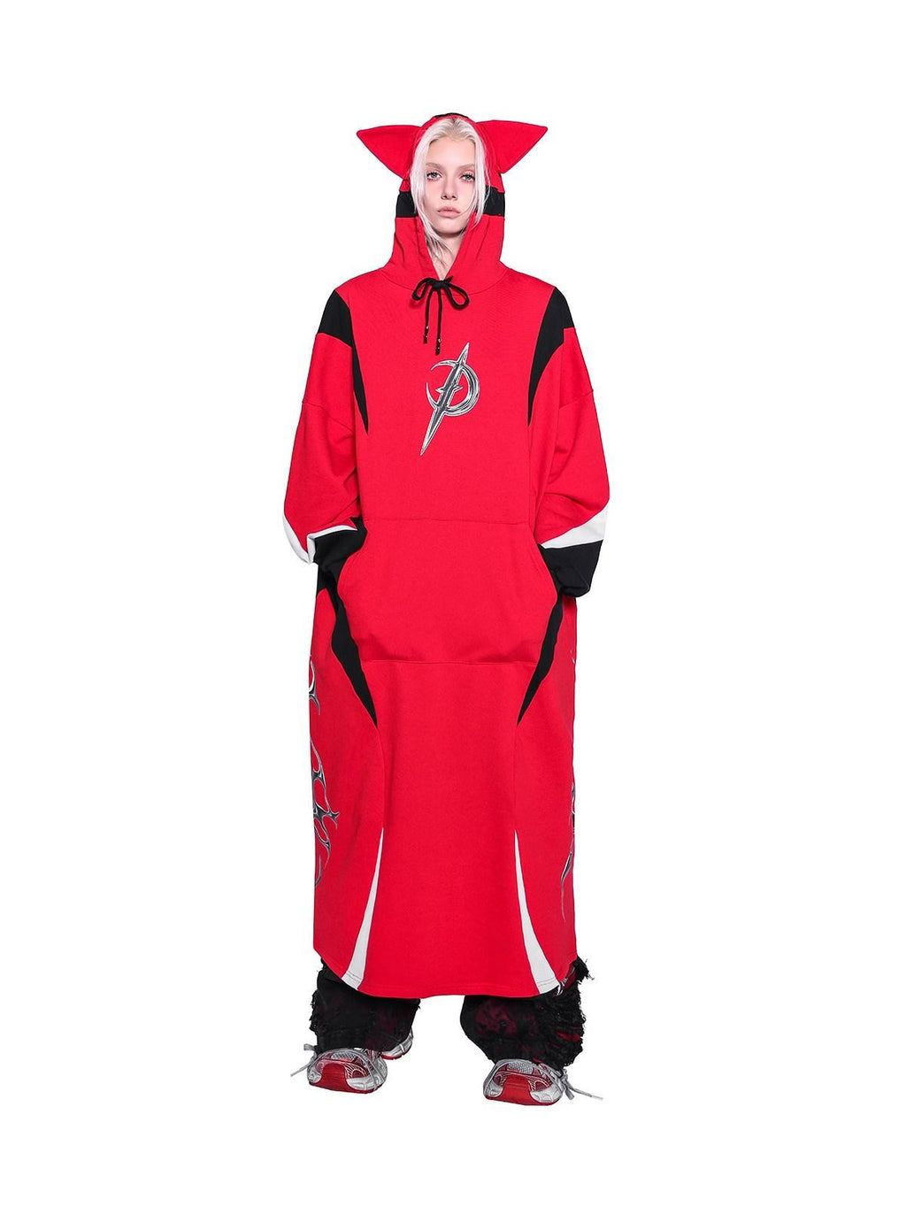 PINKSPINK Cat Ear Hooded Patchwork Racing Stripe Women's Longline Sweatshirts