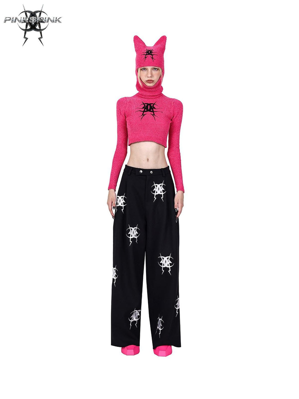 PINKSPINK Cat Ear Hooded Slim Cropped Printed Women's Cotton Sweaters