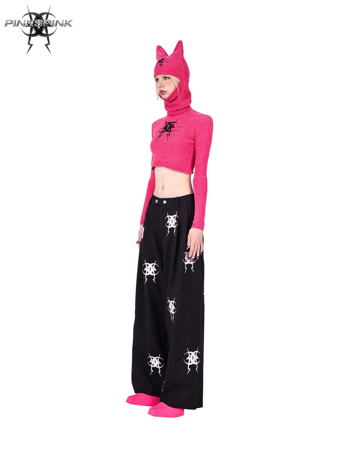 PINKSPINK Cat Ear Hooded Slim Cropped Printed Women's Cotton Sweaters