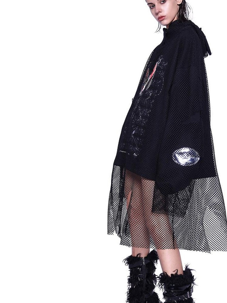 PINKSPINK Cat Ear Mesh Patchwork Cartoon Print Distressed Hooded Women's Mesh Sweatshirts