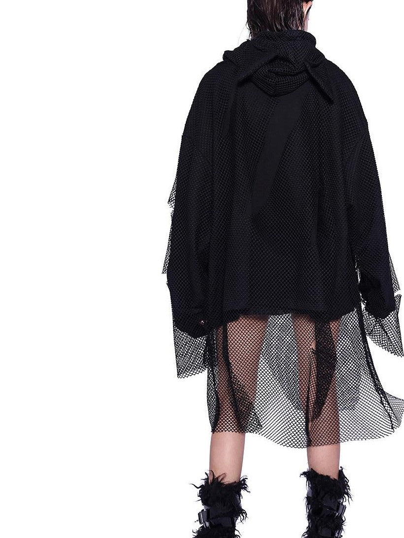 PINKSPINK Cat Ear Mesh Patchwork Cartoon Print Distressed Hooded Women's Mesh Sweatshirts