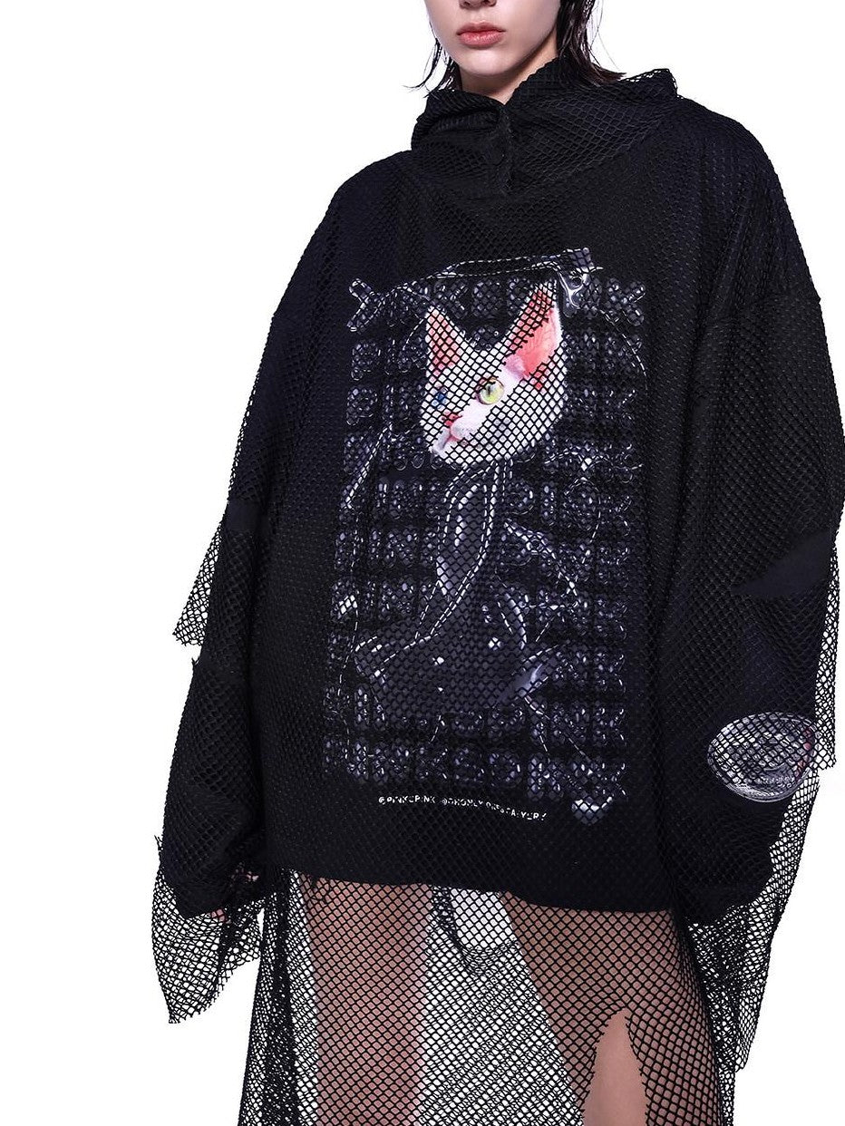 PINKSPINK Cat Ear Mesh Patchwork Cartoon Print Distressed Hooded Women's Mesh Sweatshirts