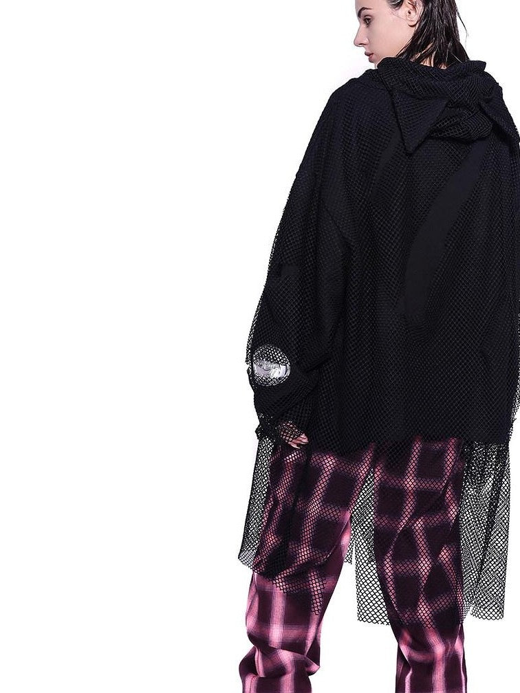 PINKSPINK Cat Ear Mesh Patchwork Cartoon Print Distressed Hooded Women's Mesh Sweatshirts