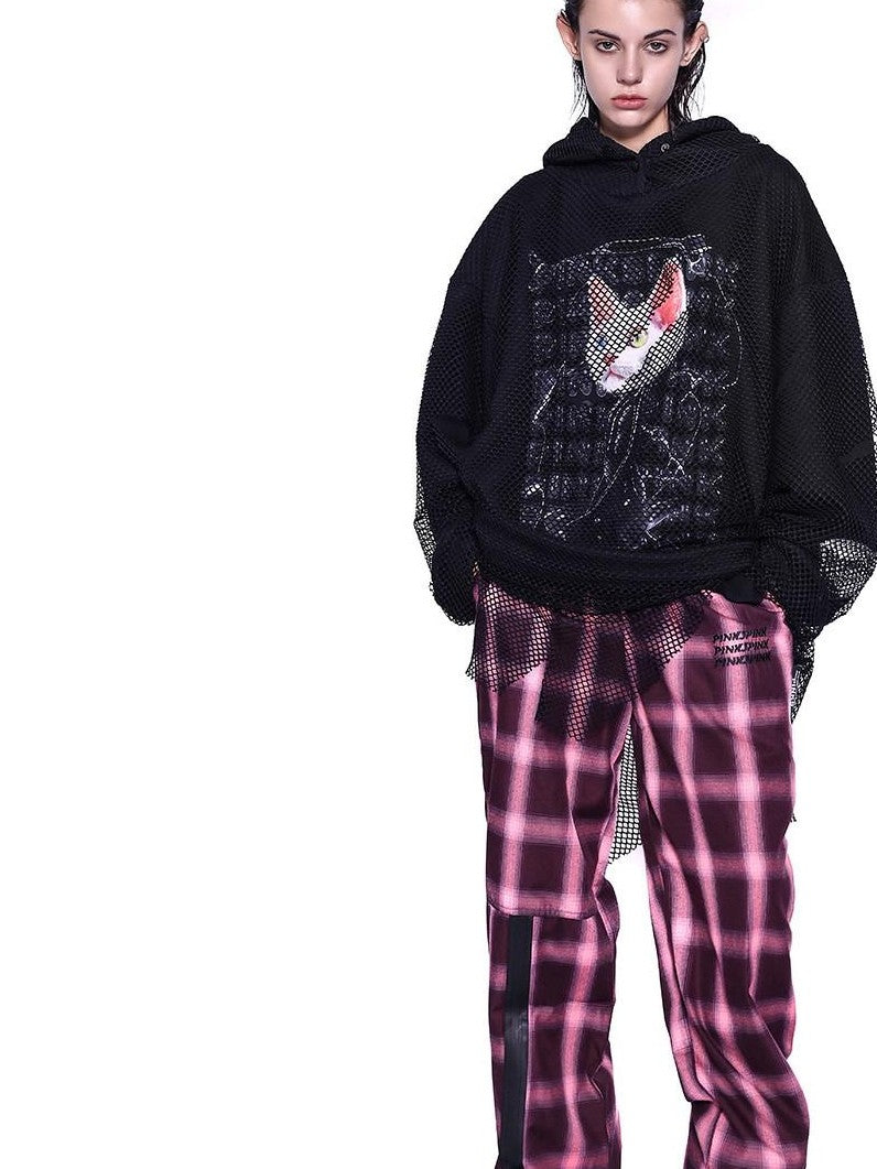 PINKSPINK Cat Ear Mesh Patchwork Cartoon Print Distressed Hooded Women's Mesh Sweatshirts
