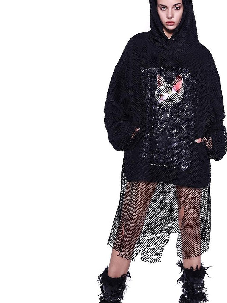 PINKSPINK Cat Ear Mesh Patchwork Cartoon Print Distressed Hooded Women's Mesh Sweatshirts