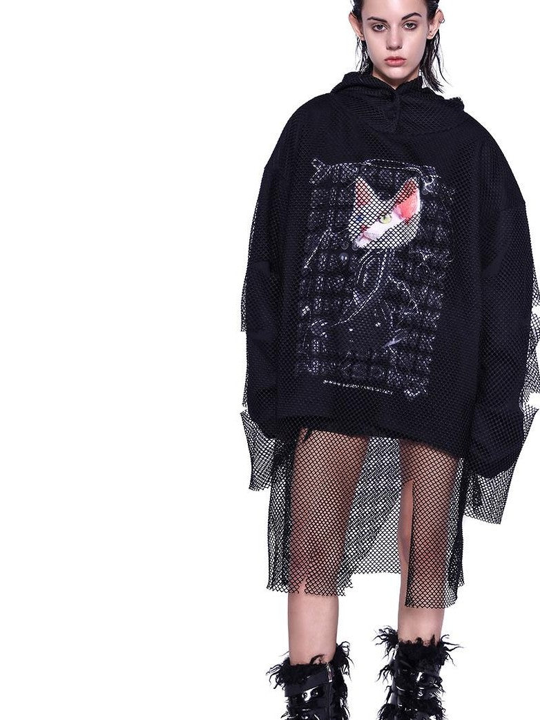PINKSPINK Cat Ear Mesh Patchwork Cartoon Print Distressed Hooded Women's Mesh Sweatshirts