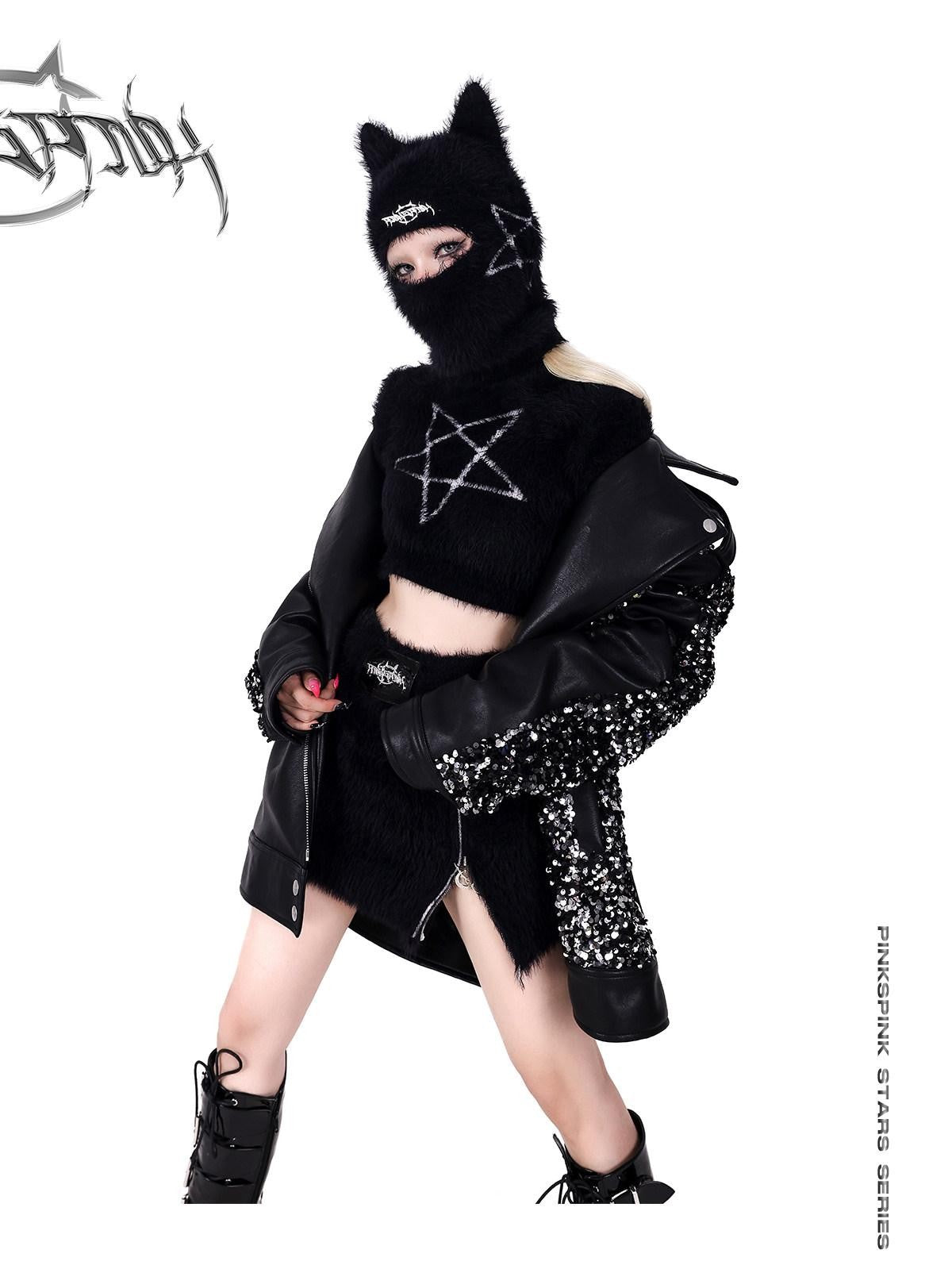 PINKSPINK Cat Ear Pentagram Balaclava Street Women's Cotton Knit Beanies
