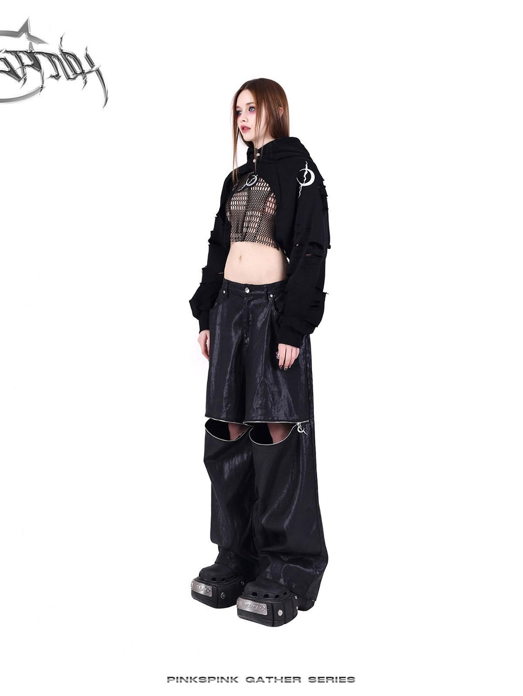 PINKSPINK Cat Ear Sphinx 3d Hood Embroidered Hand Distressed Women's Cropped Hoodies