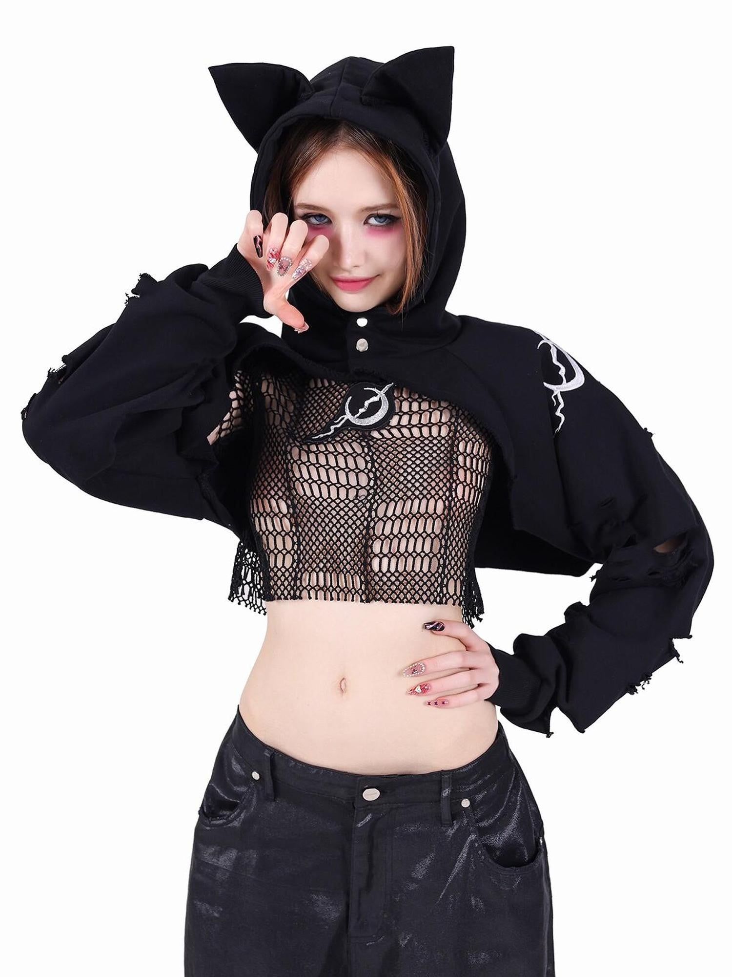 PINKSPINK Cat Ear Sphinx 3d Hood Embroidered Hand Distressed Women's Cropped Hoodies