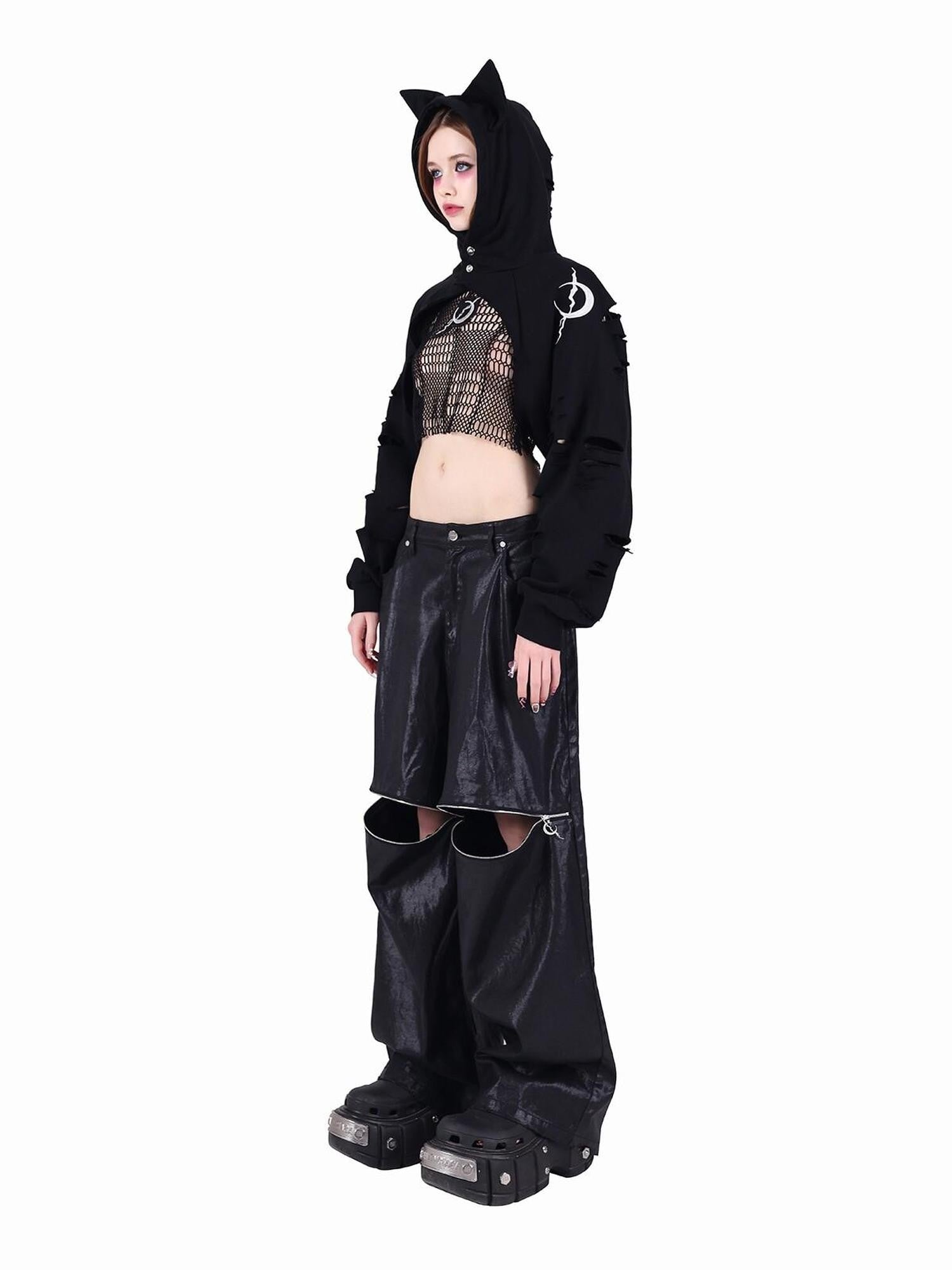 PINKSPINK Cat Ear Sphinx 3d Hood Embroidered Hand Distressed Women's Cropped Hoodies