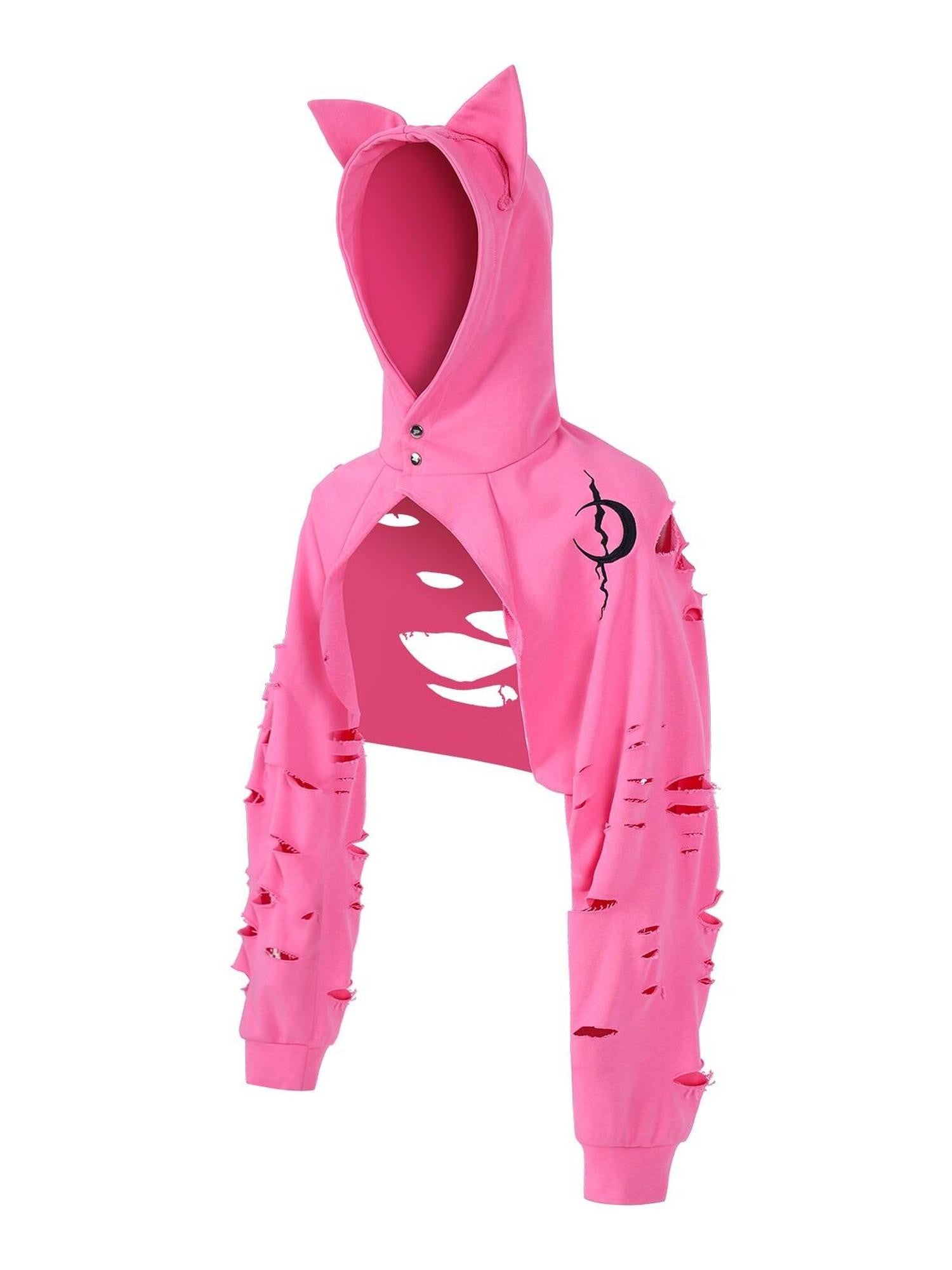 PINKSPINK Cat Ear Sphinx 3d Hood Embroidered Hand Distressed Women's Cropped Hoodies