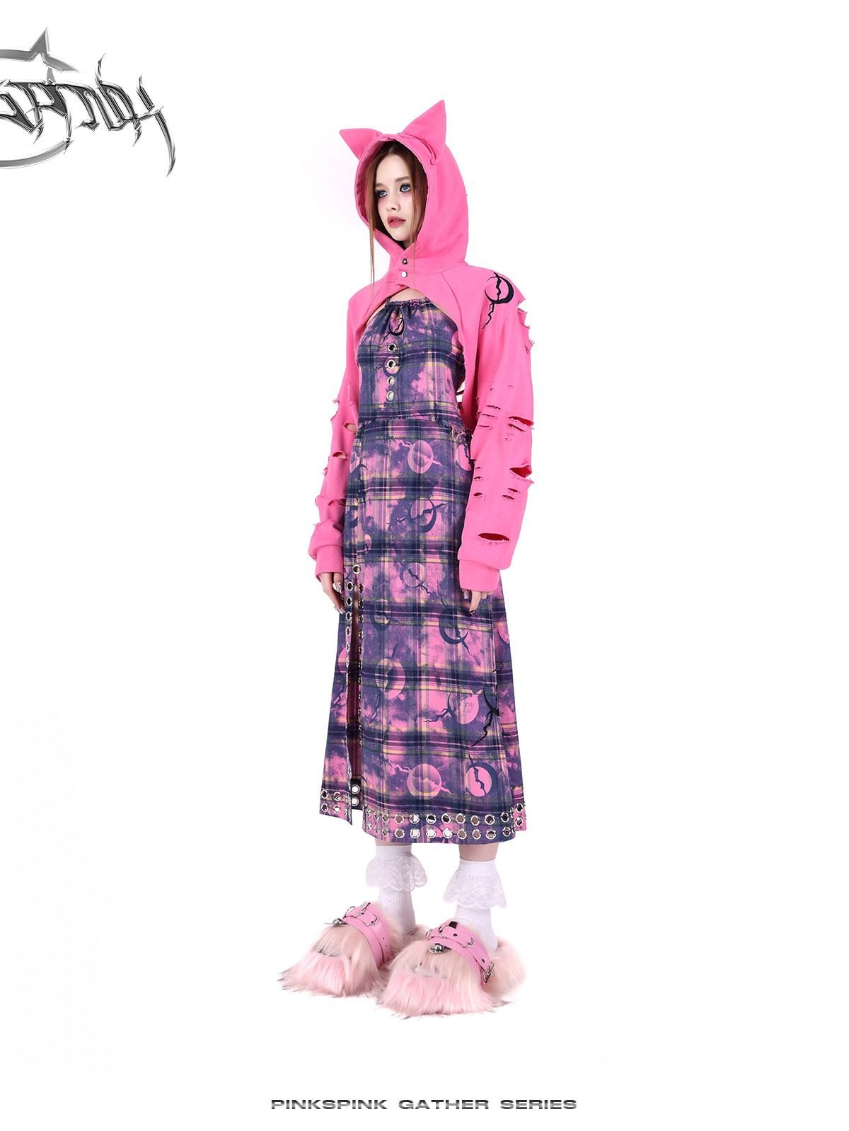 PINKSPINK Cat Ear Sphinx 3d Hood Embroidered Hand Distressed Women's Cropped Hoodies