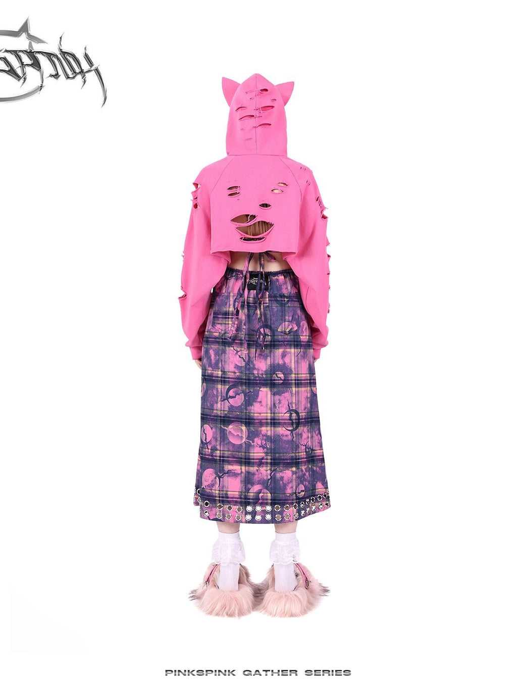 PINKSPINK Cat Ear Sphinx 3d Hood Embroidered Hand Distressed Women's Cropped Hoodies