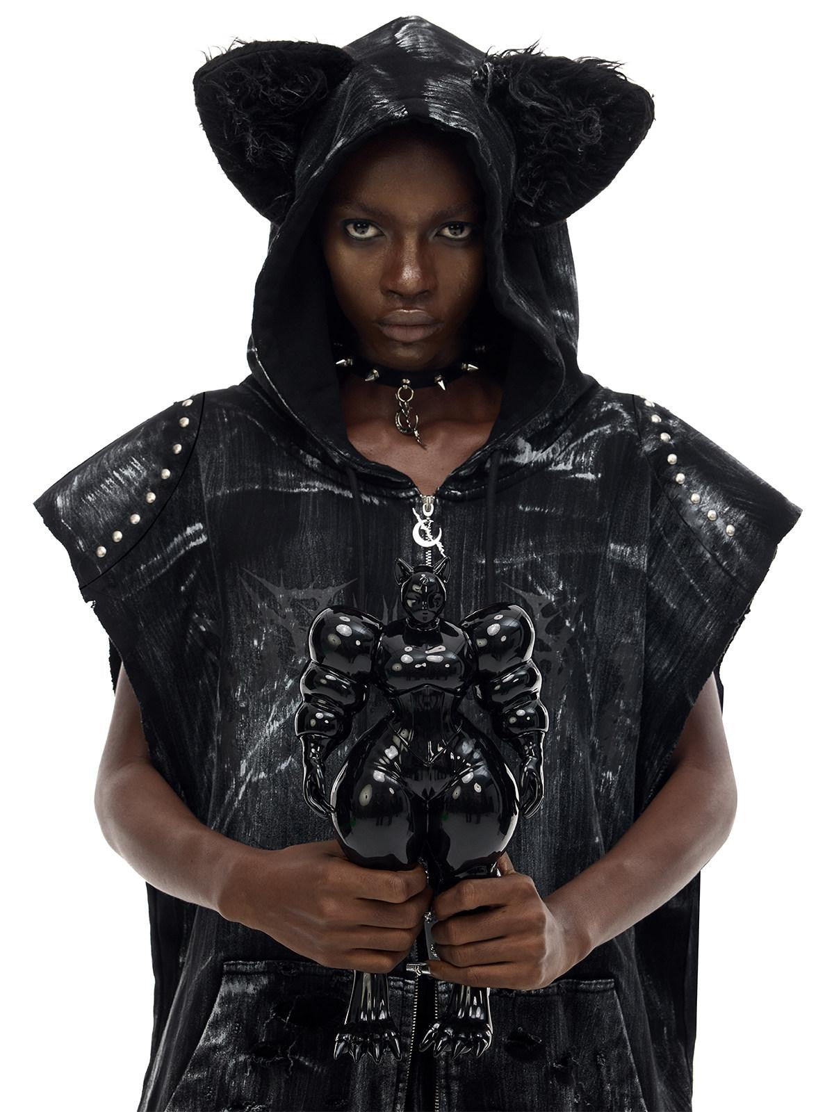 PINKSPINK Cat Ear Studded Punk Hooded Loose Zippered Women's Cotton Vests
