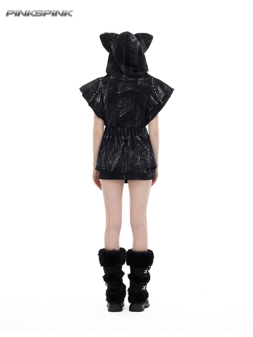 PINKSPINK Cat Ear Studded Punk Hooded Loose Zippered Women's Cotton Vests